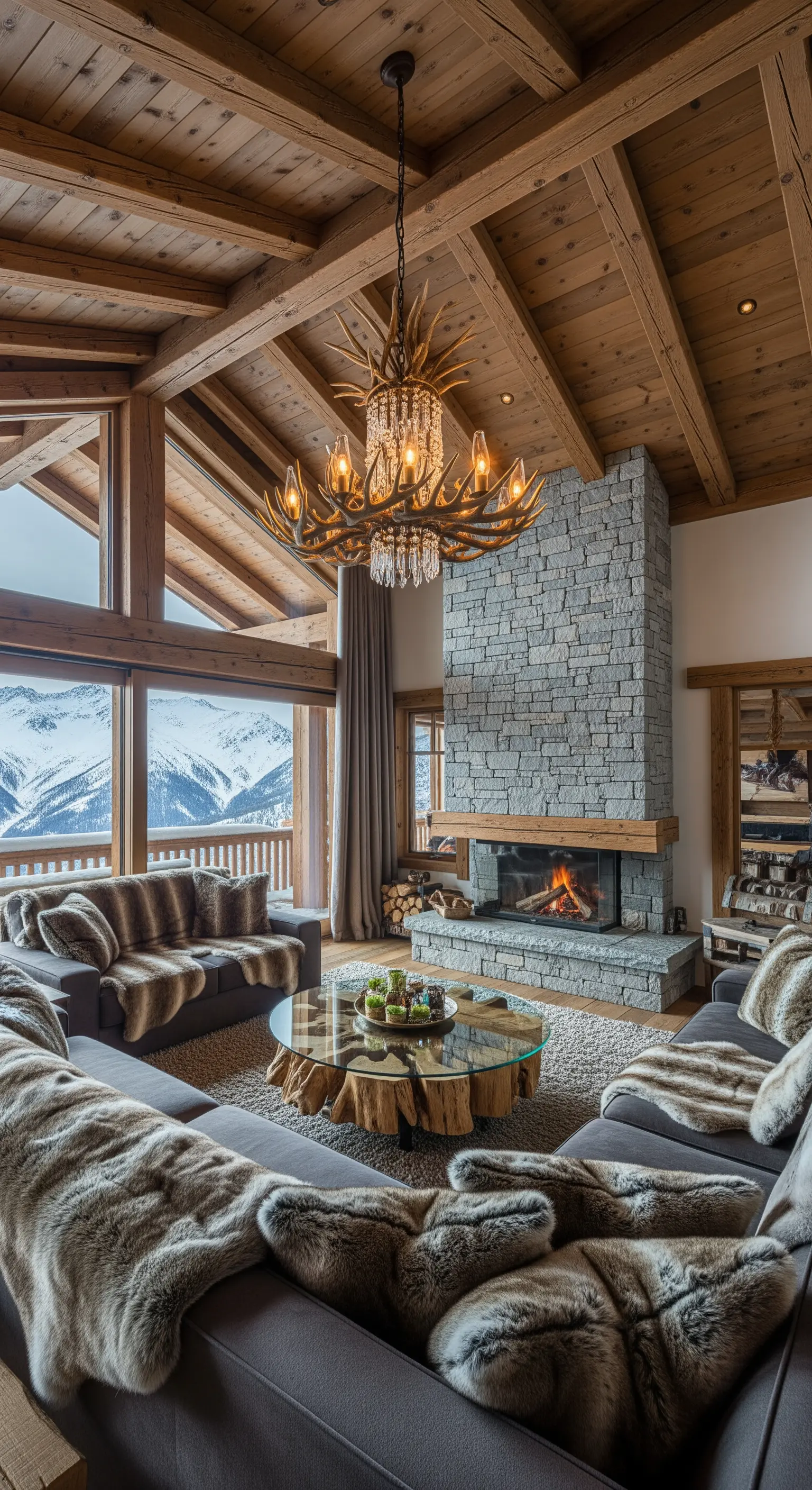Gewei-Kronleuchter in einem luxuriösen Holz-Chalet mit Steinkamin und Bergblick.