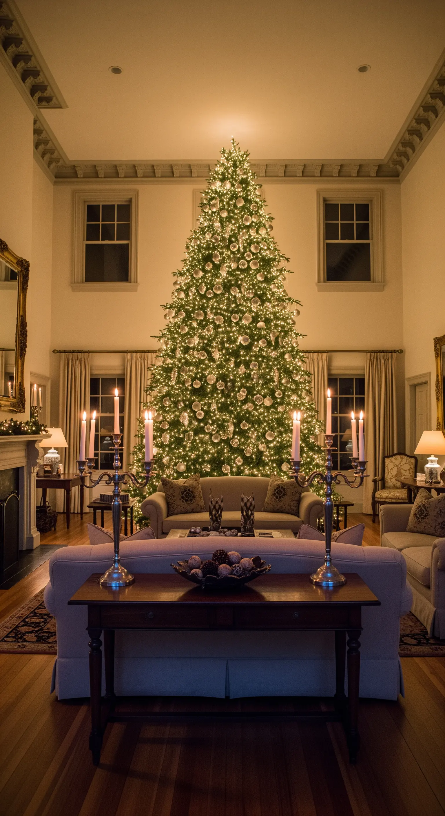 Großer Weihnachtsbaum in einem eleganten Wohnzimmer, flankiert von symmetrischen Kerzenleuchtern.
