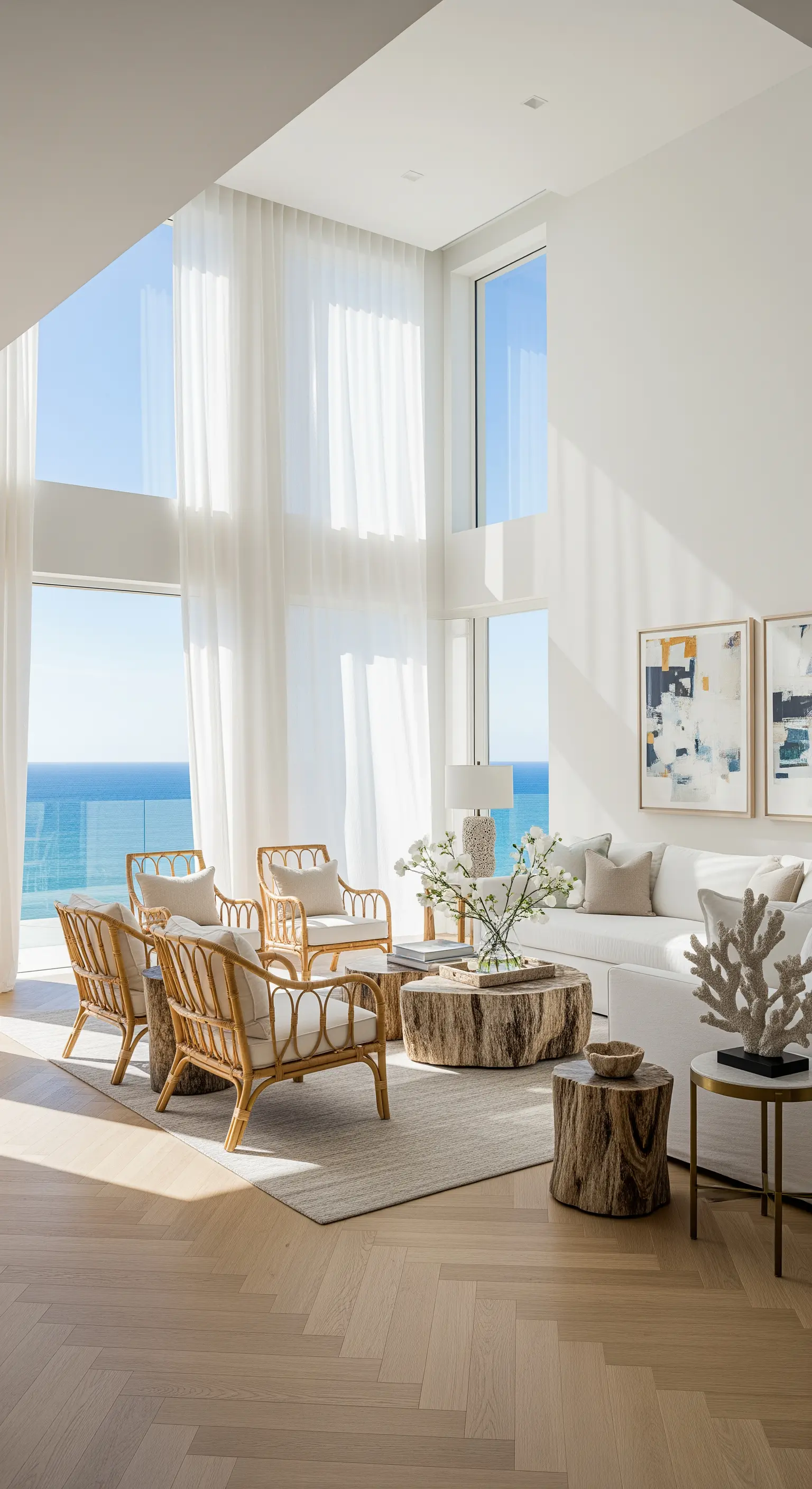 Helles Wohnzimmer mit Meerblick, weißen Vorhängen, Rattan-Sesseln und Holztischen.