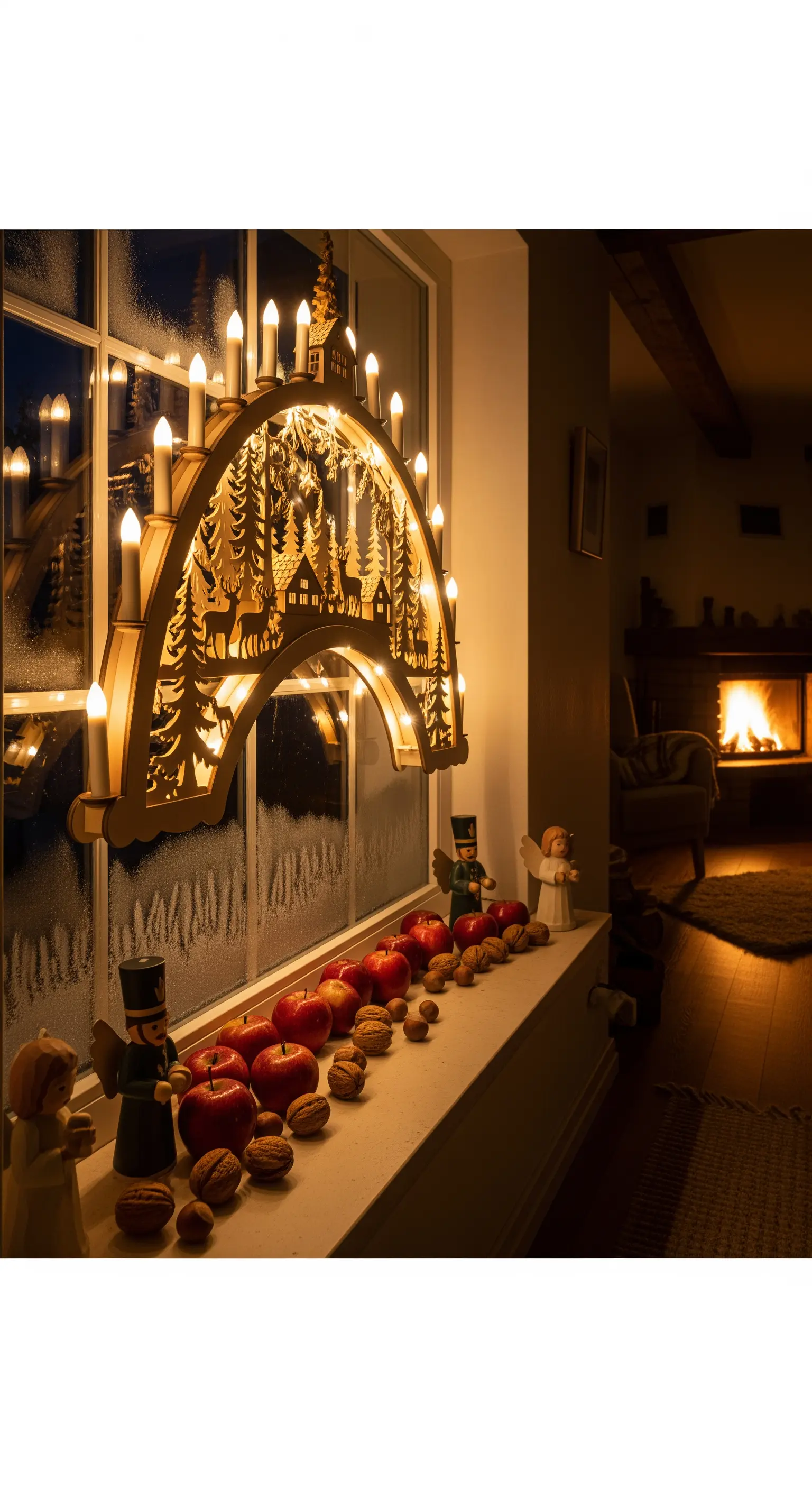 Schwibbogen mit Wald- und Hirschmotiv auf Fensterbank, darunter Äpfel, Walnüsse und kleine Holzfiguren