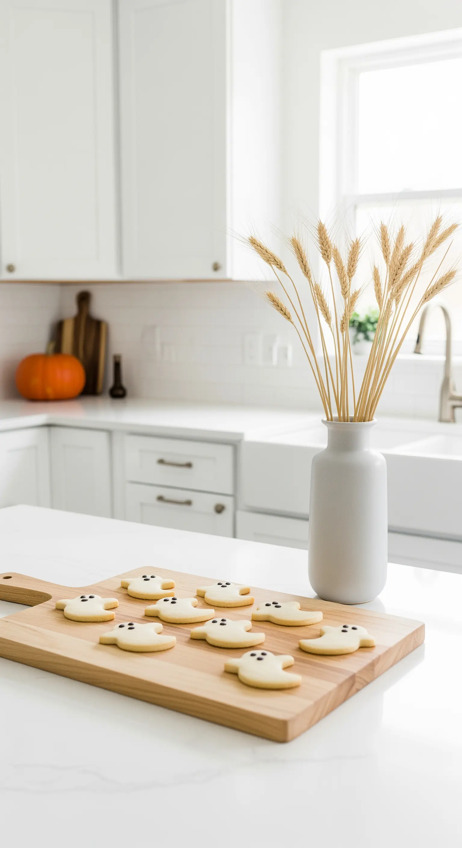 Kücheninsel mit Geister-Keksen auf Holzbrett und Weizenähren