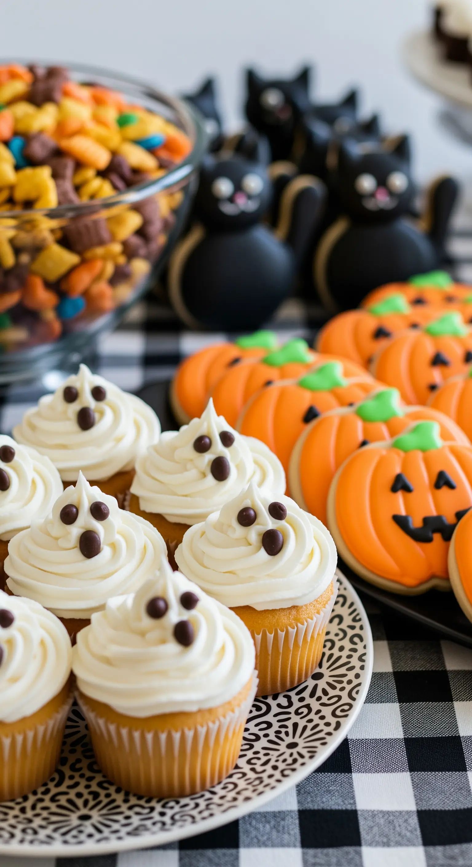 Ein Tisch mit Halloween-Süßigkeiten, darunter Geister-Cupcakes, Kürbis-Kekse und Schoko-Katzen.