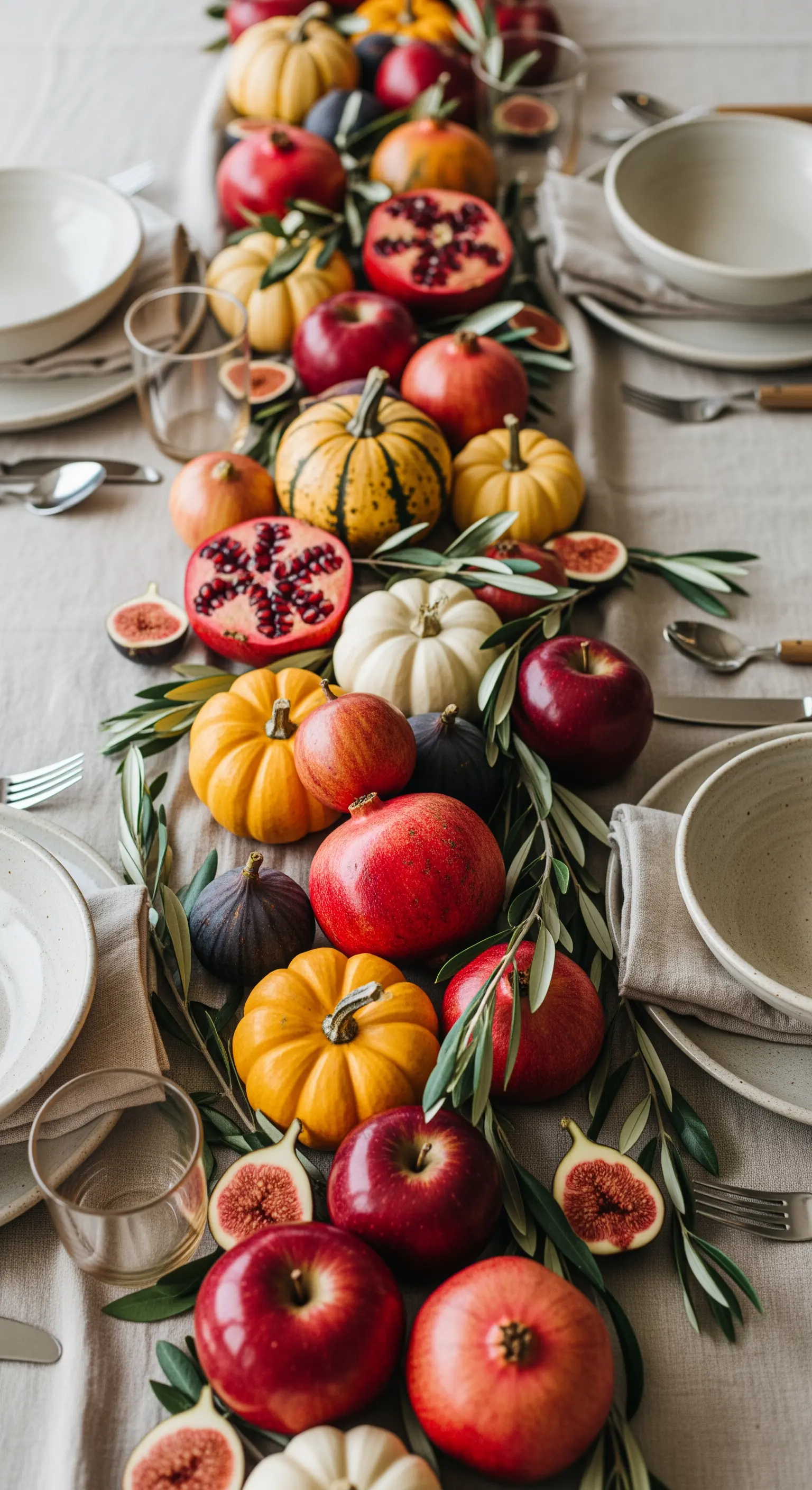 Farbenfroher Tischläufer aus Kürbissen, Granatäpfeln, Äpfeln und Feigen.