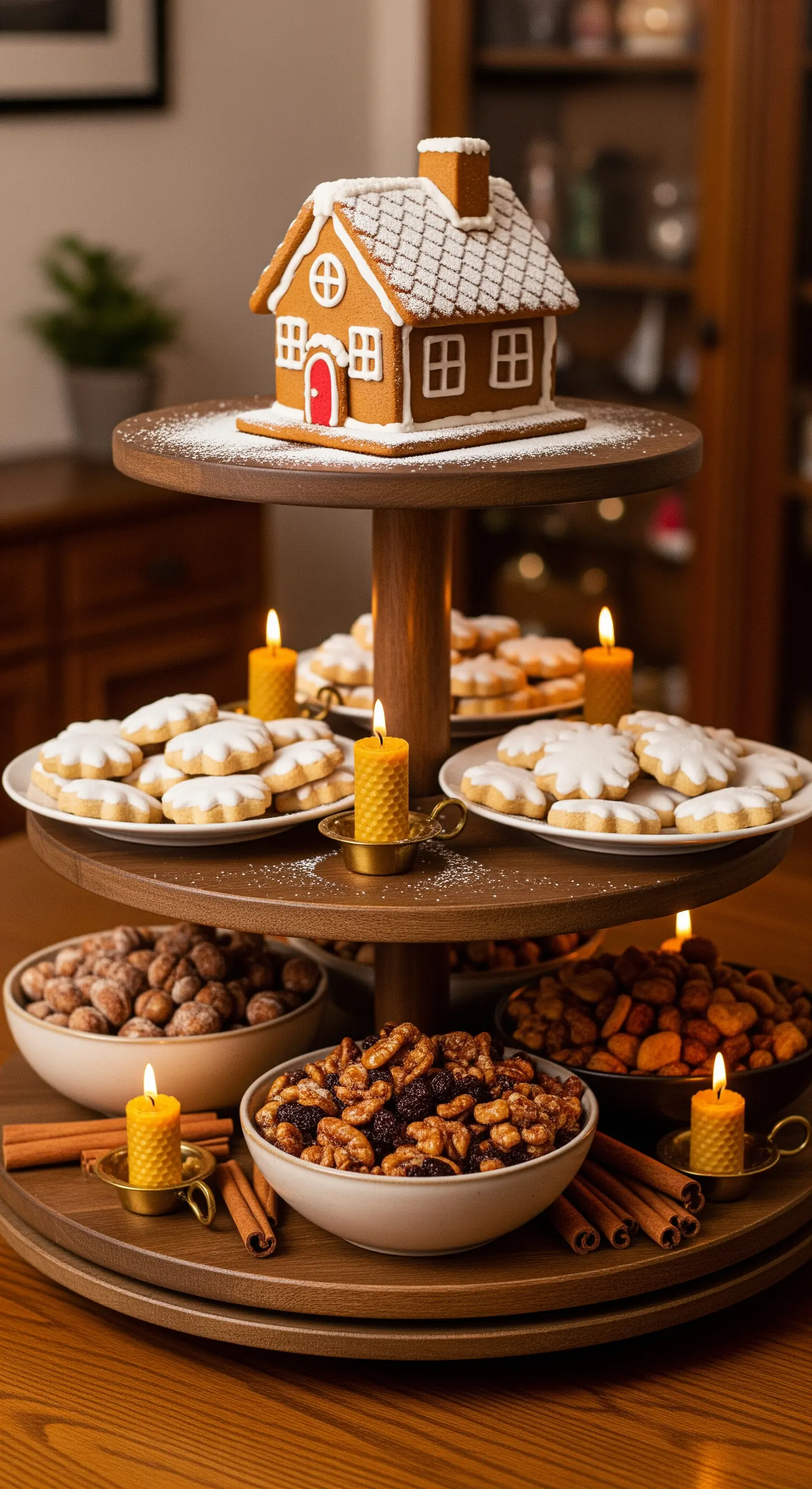 Dreistöckige Holz-Etagere mit Lebkuchenhaus, Plätzchen und Nüssen