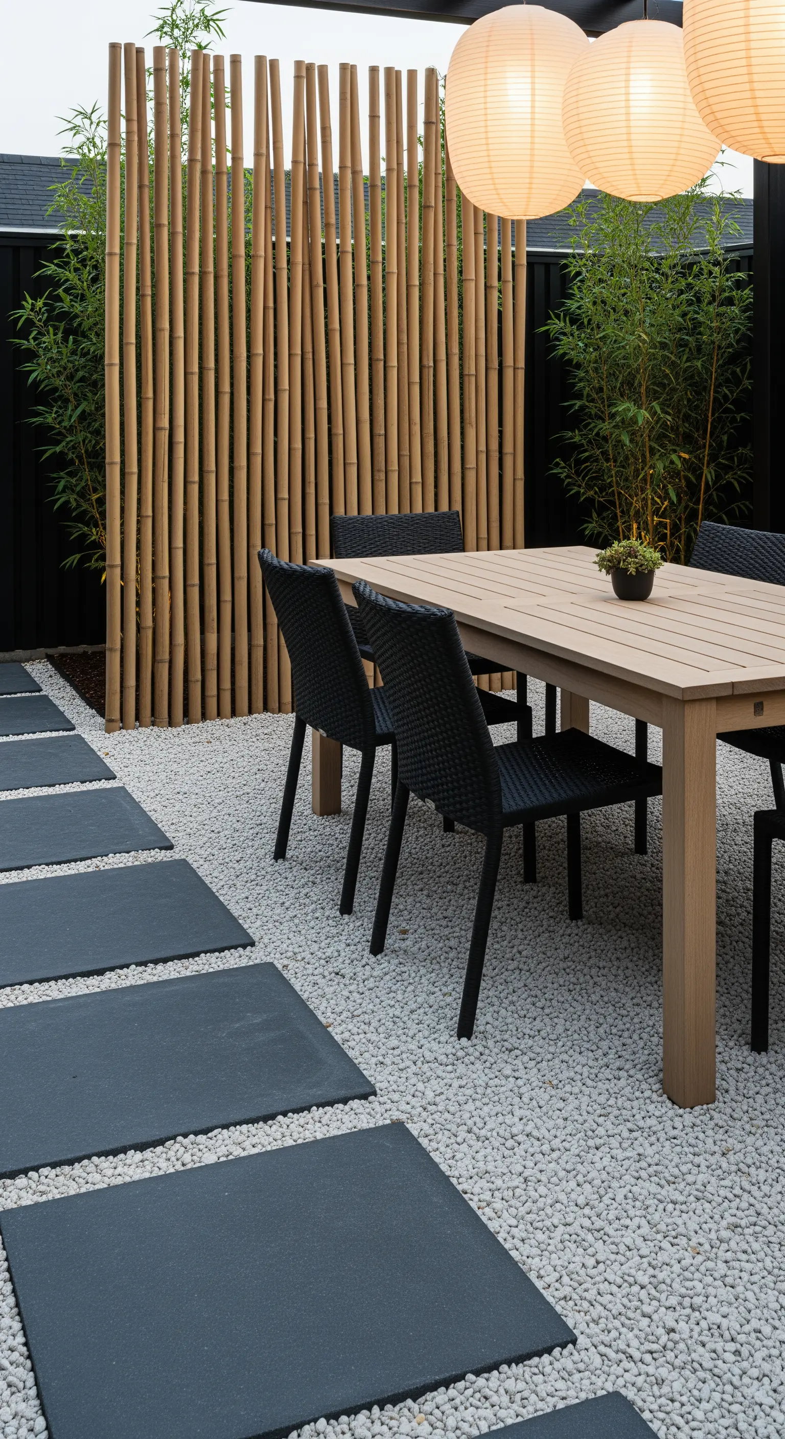 Outdoor-Essbereich mit Bambus-Sichtschutz und Papierlaternen auf Kiesbett