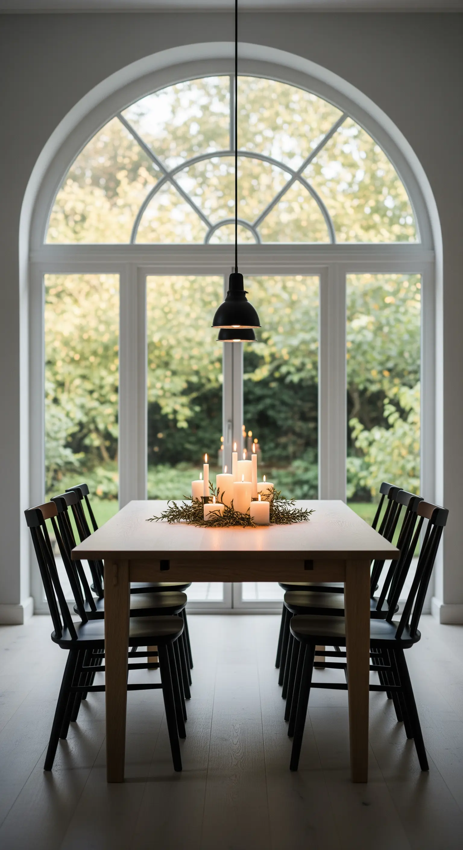 Esstisch mit Kerzenarrangement und grünem Beiwerk vor großem Fenster