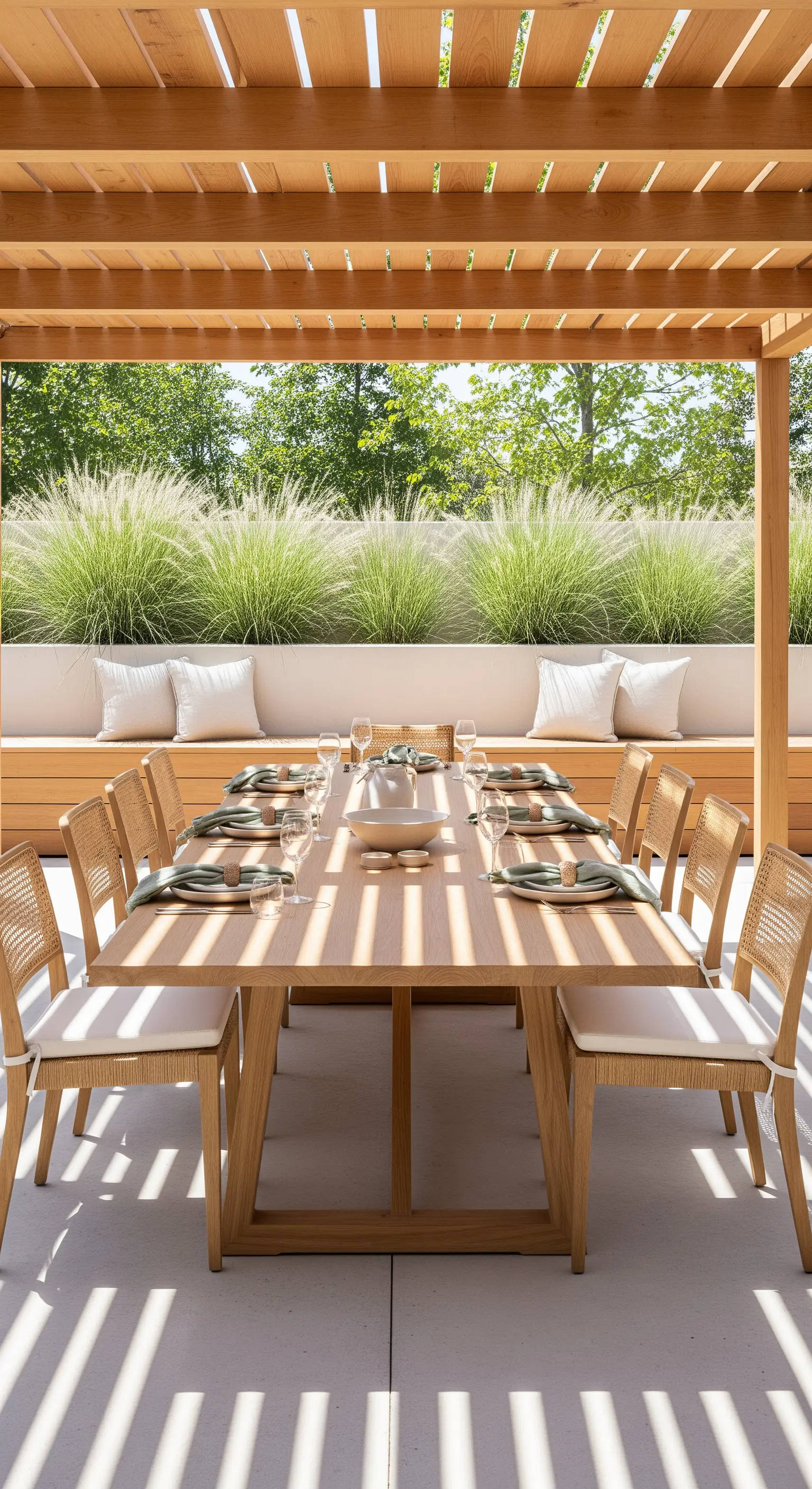 Essbereich unter Holzpergola mit Naturholzmöbeln und Ziergräsern.