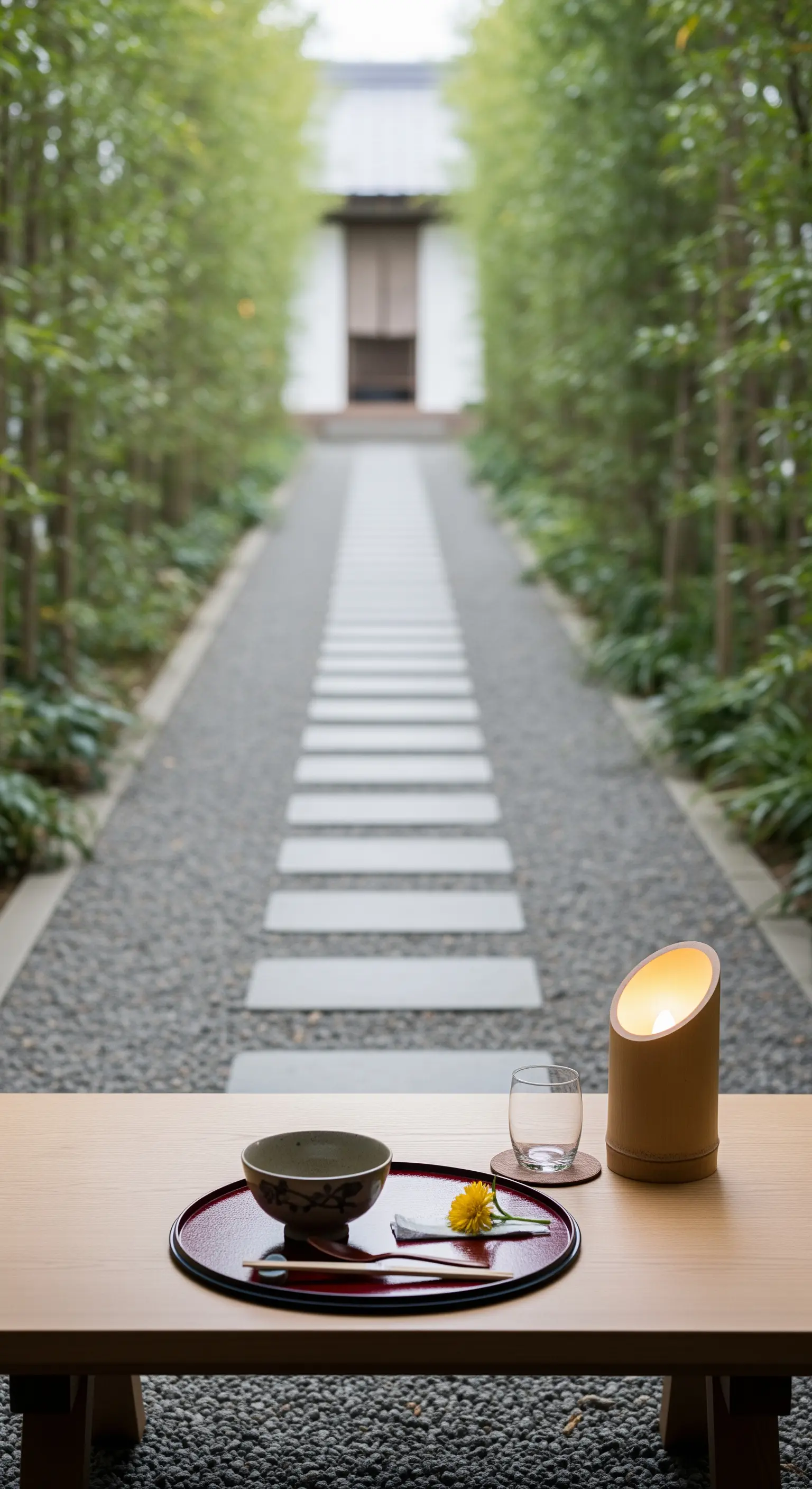 Minimalistischer Teetisch im Garten mit Bambuslampe und Kiesweg