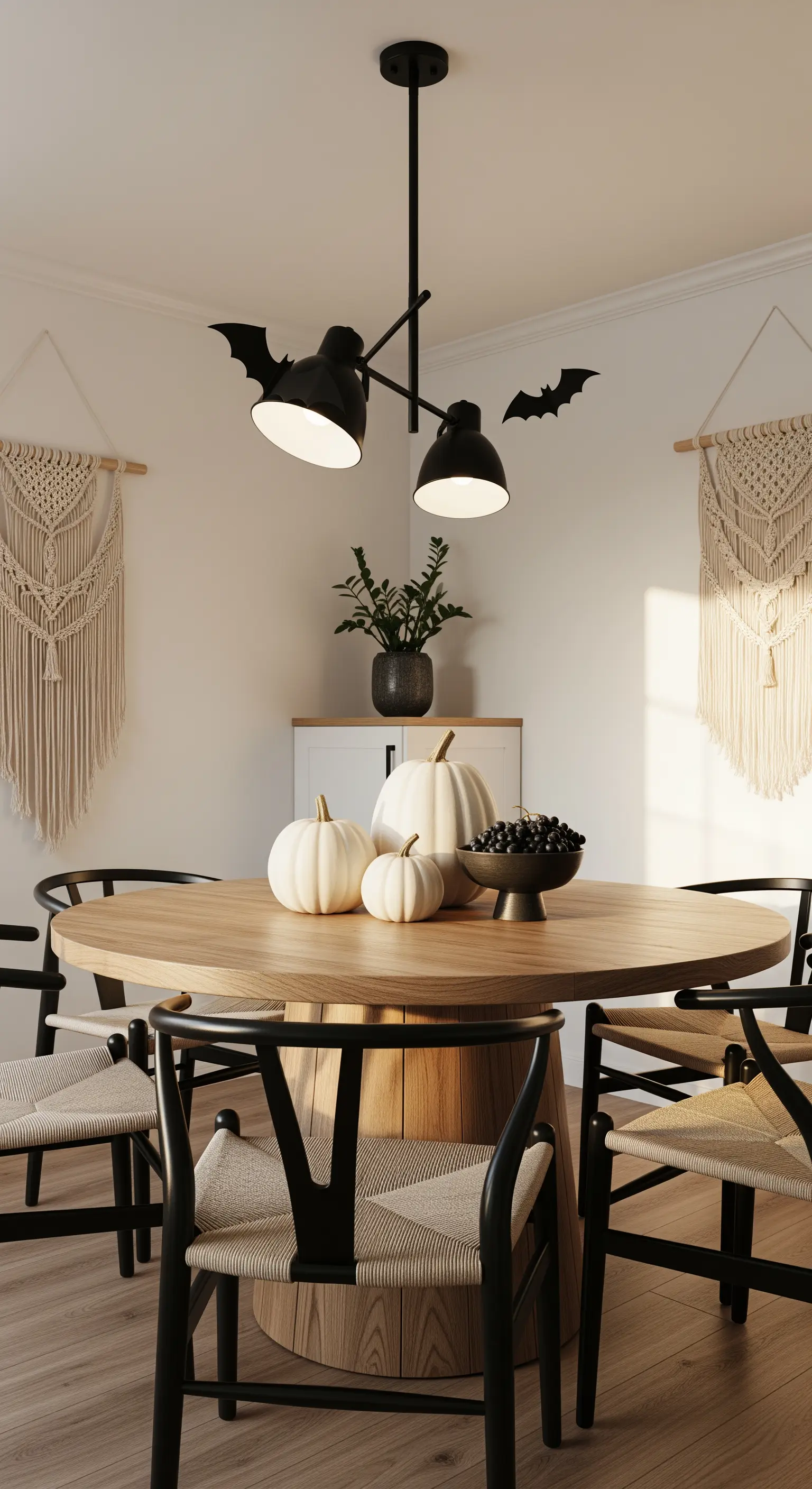Esszimmer mit Holztisch, weißen Kürbissen, dunklen Beeren, Fledermäusen und Makramee.