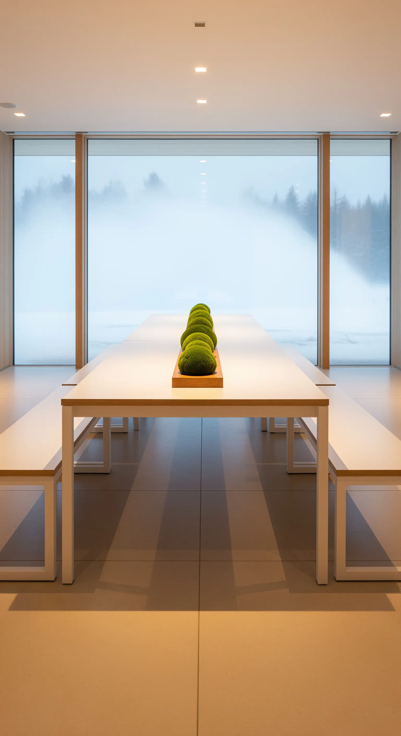 Modernes Esszimmer mit langem weißem Tisch, Bänken und grünen Mooskugeln.