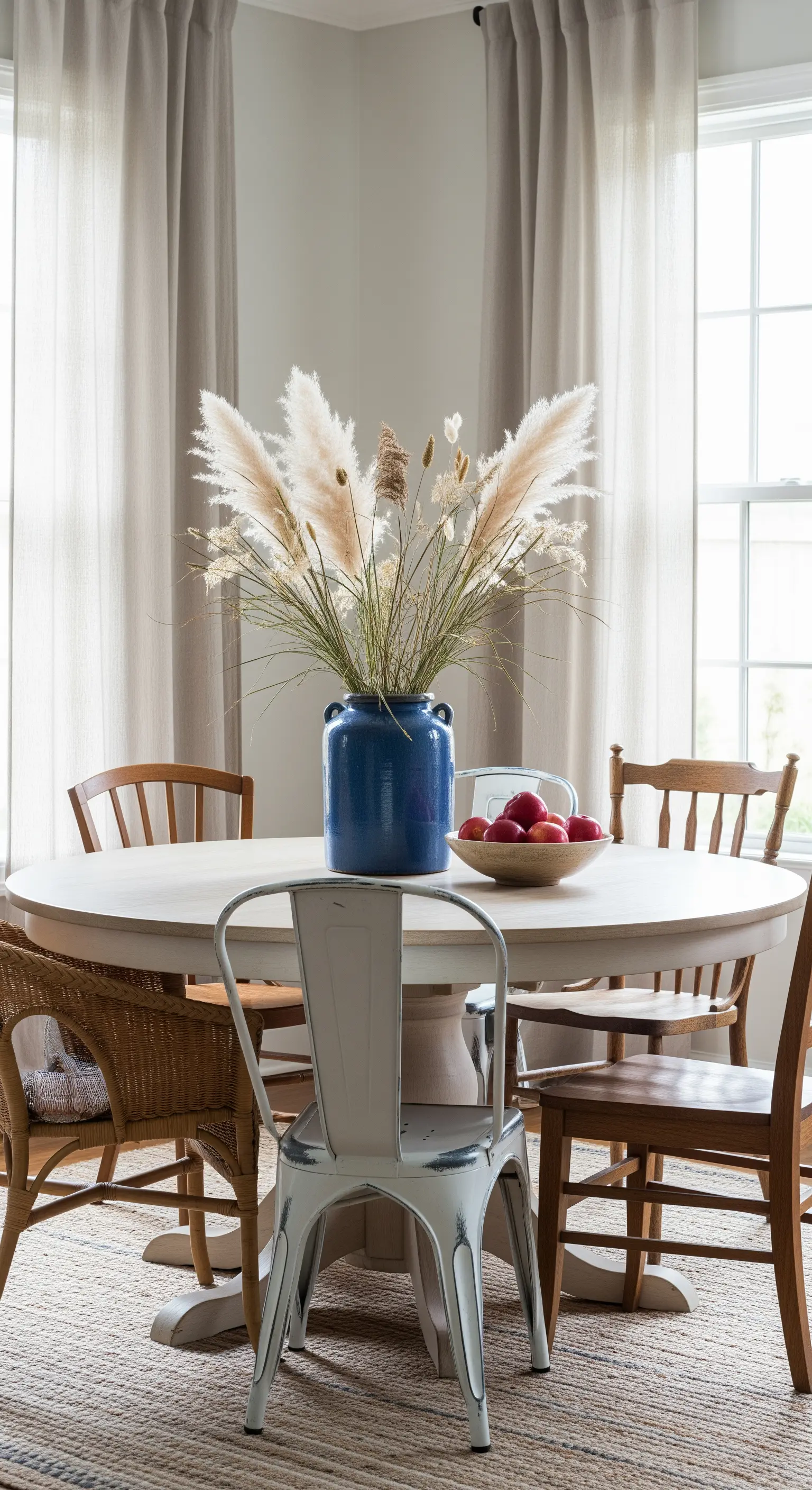 Esszimmer, blaue Vase, Pampasgras, Äpfel