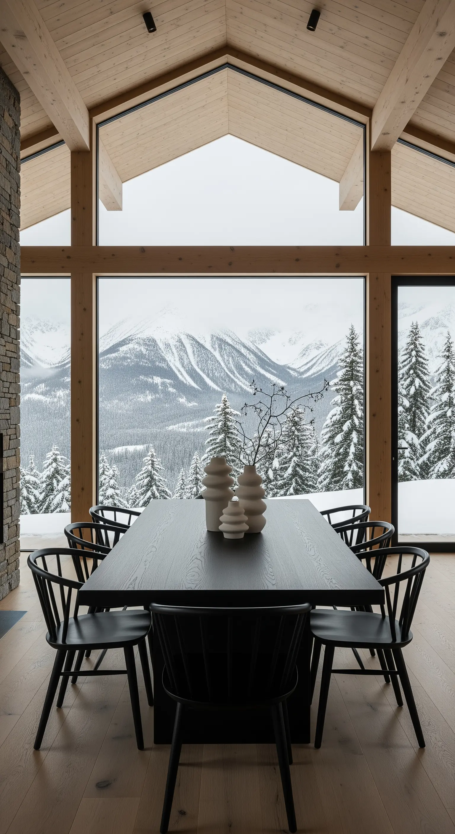 Esszimmer mit schwarzem Holztisch und Stühlen vor einem großen Fenster mit Bergblick.