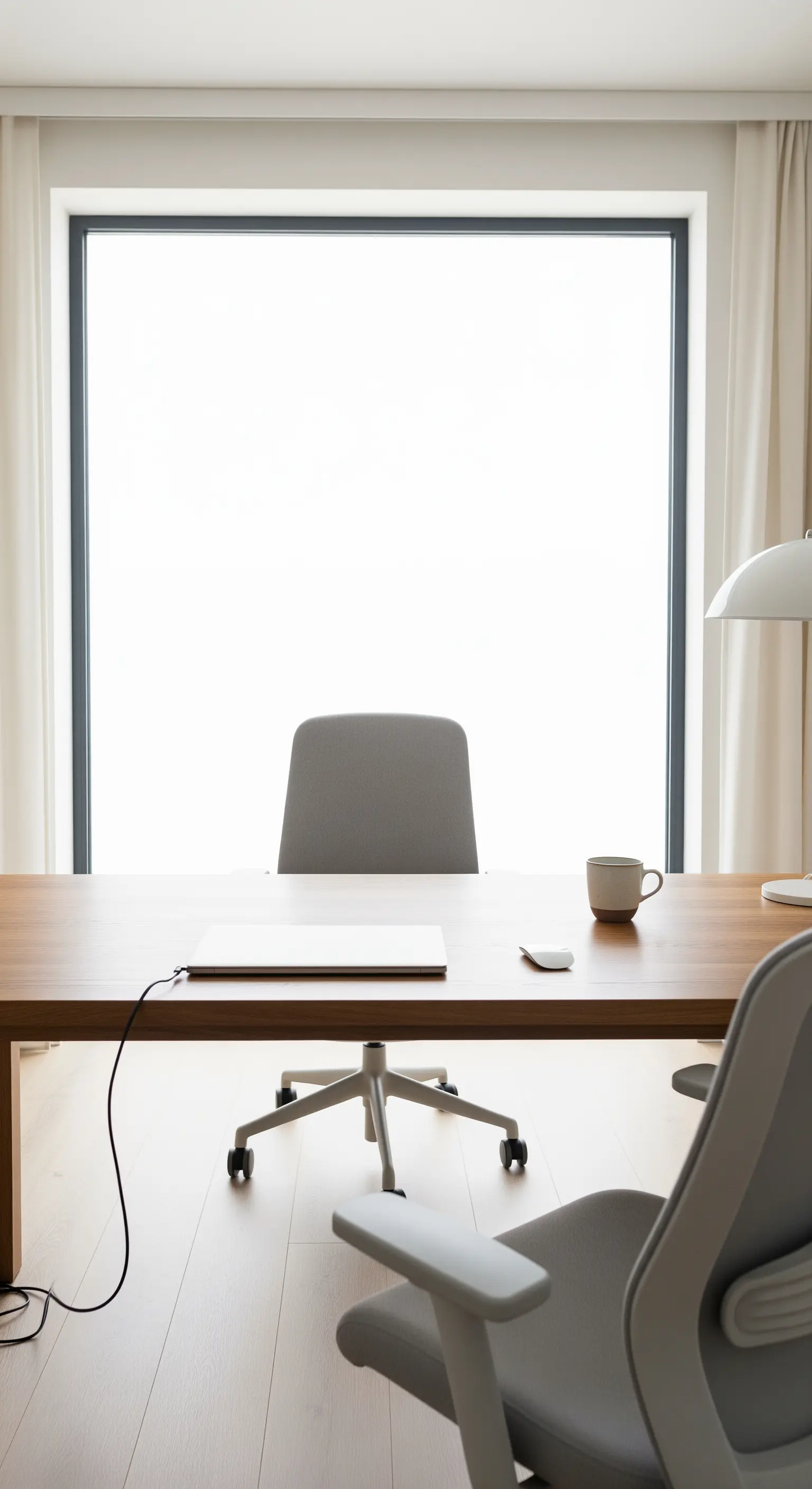 Aufgeräumter Schreibtisch vor einem großen Fenster mit nur Laptop, Maus und Tasse.