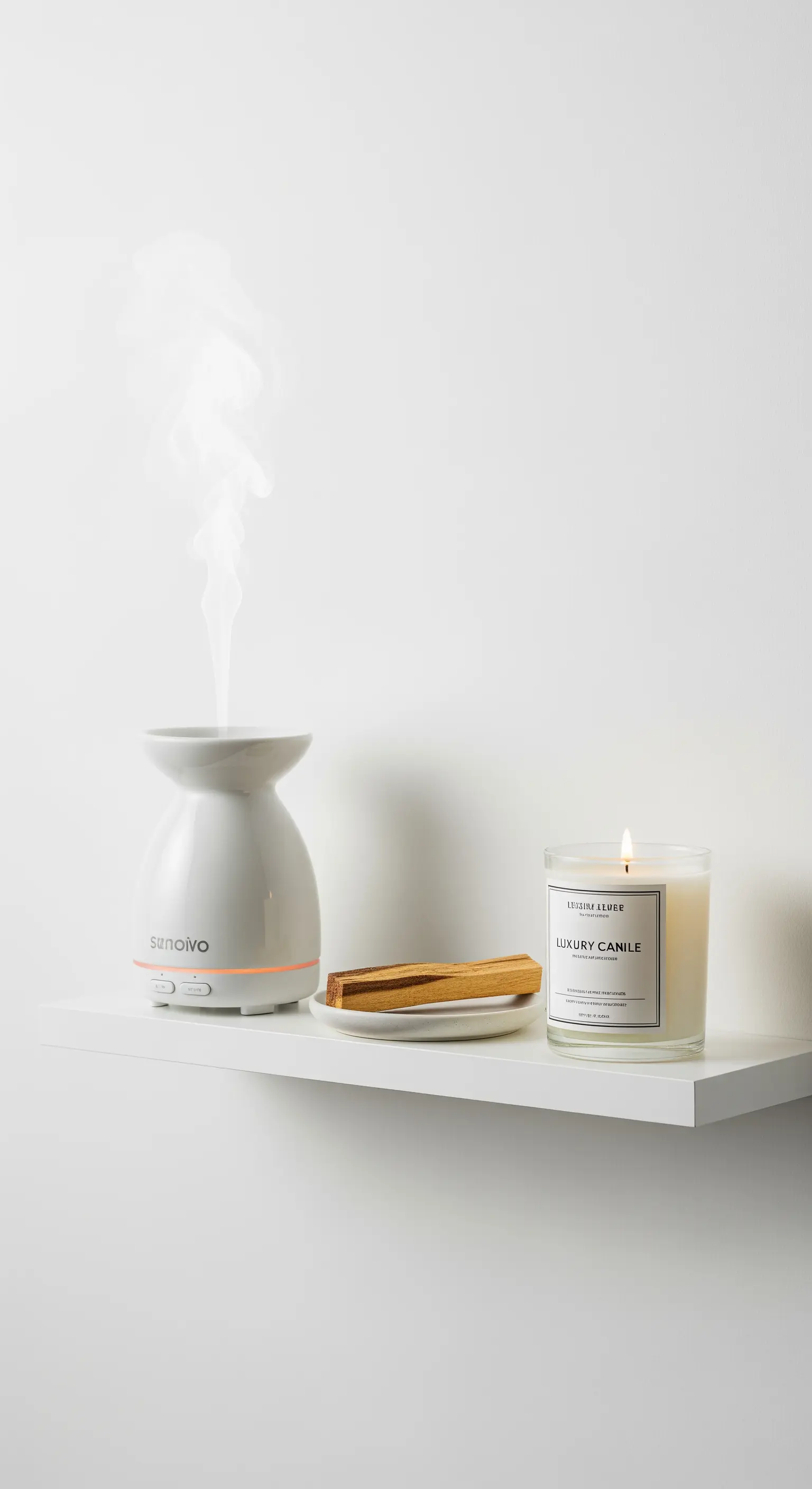 Ein weißes Schwebe-Regal mit einem Aroma-Diffusor, einer brennenden Kerze und Palo Santo Holz.