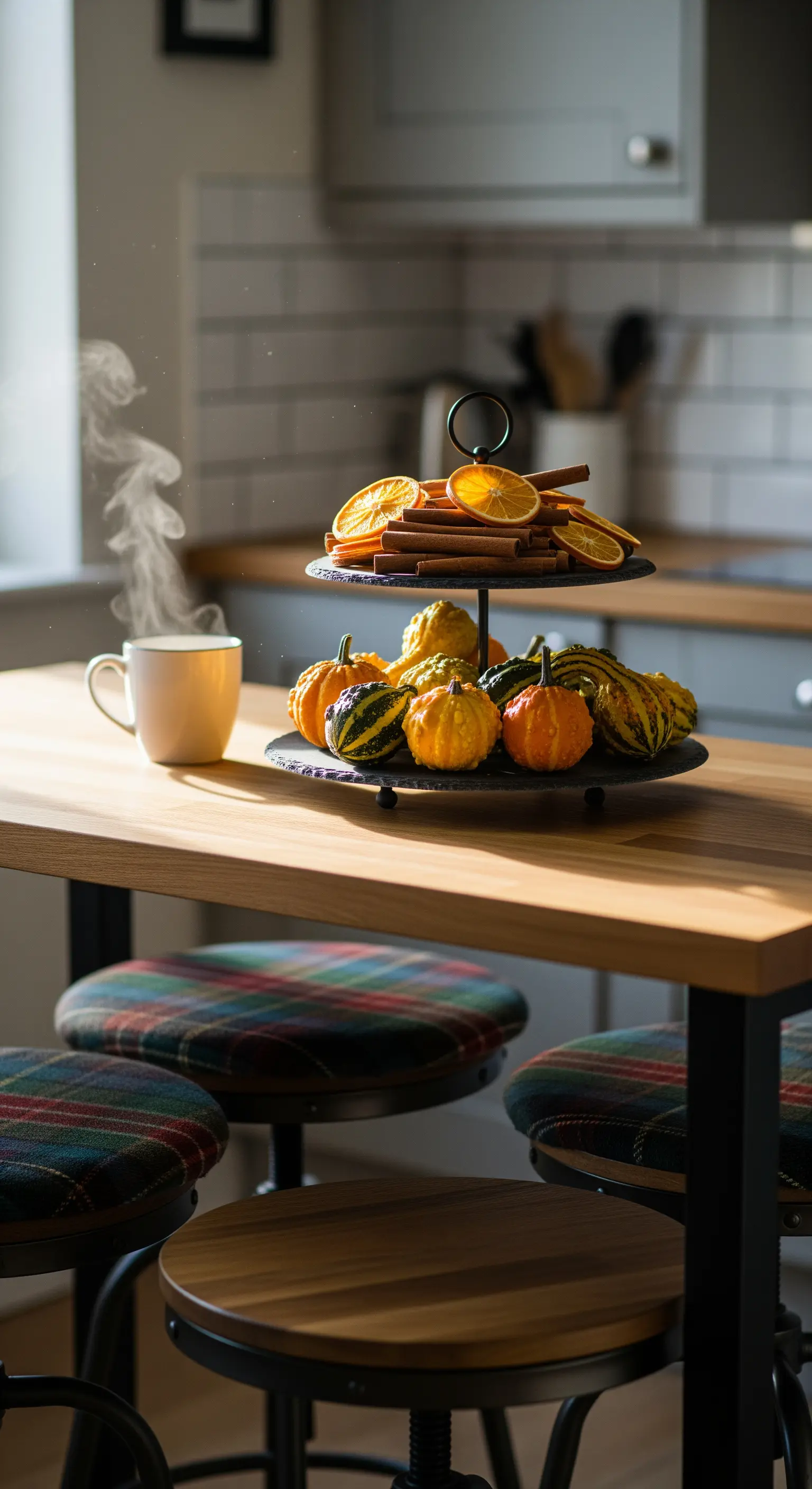 Etagere mit Zierkürbissen, Zimt, Orangen in der Küche.