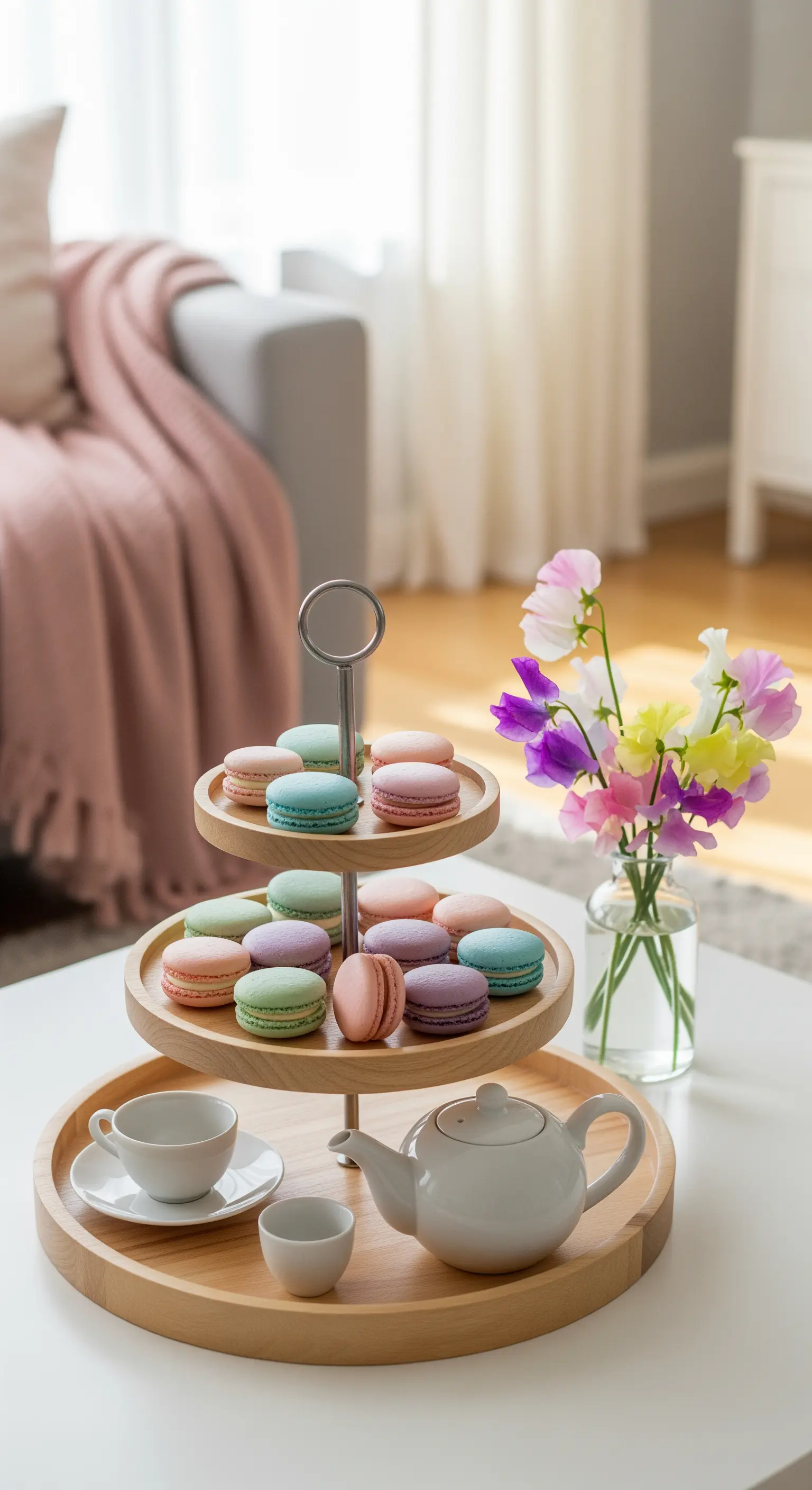 Holz-Etagere mit Pastell-Macarons, Teekanne und frischen Wicken