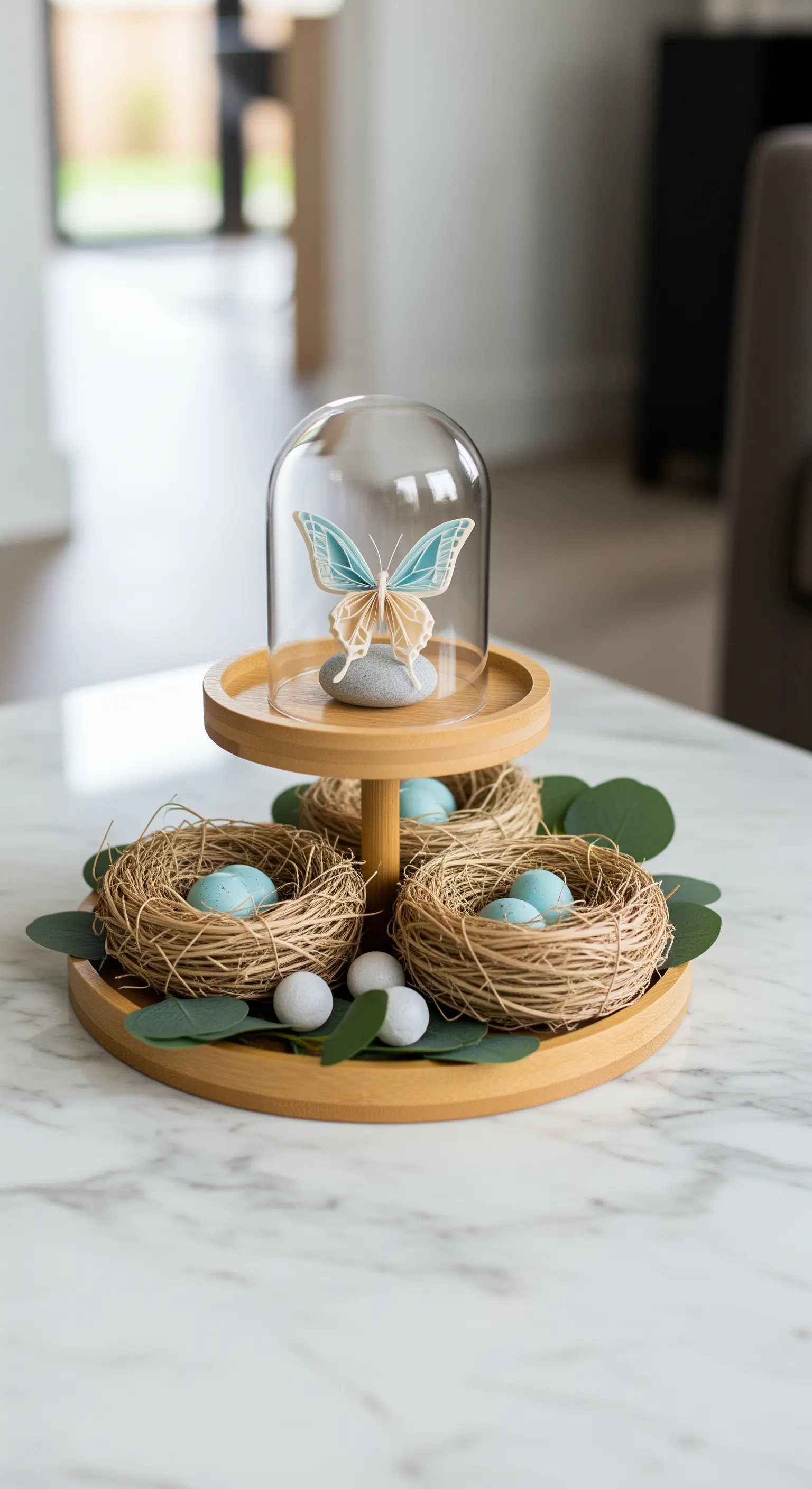 Etagere mit Vogelnest-Imitaten, Ostereiern und Schmetterling unter Glashaube