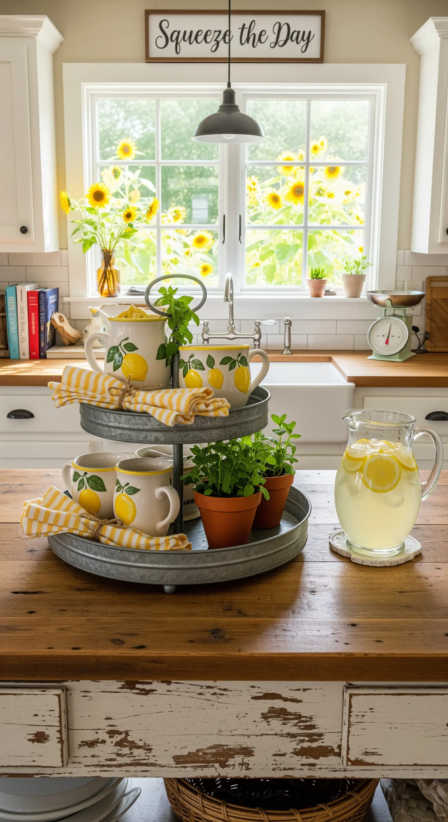 Rustikale Etagere mit Zitronen-Geschirr und Kräutern