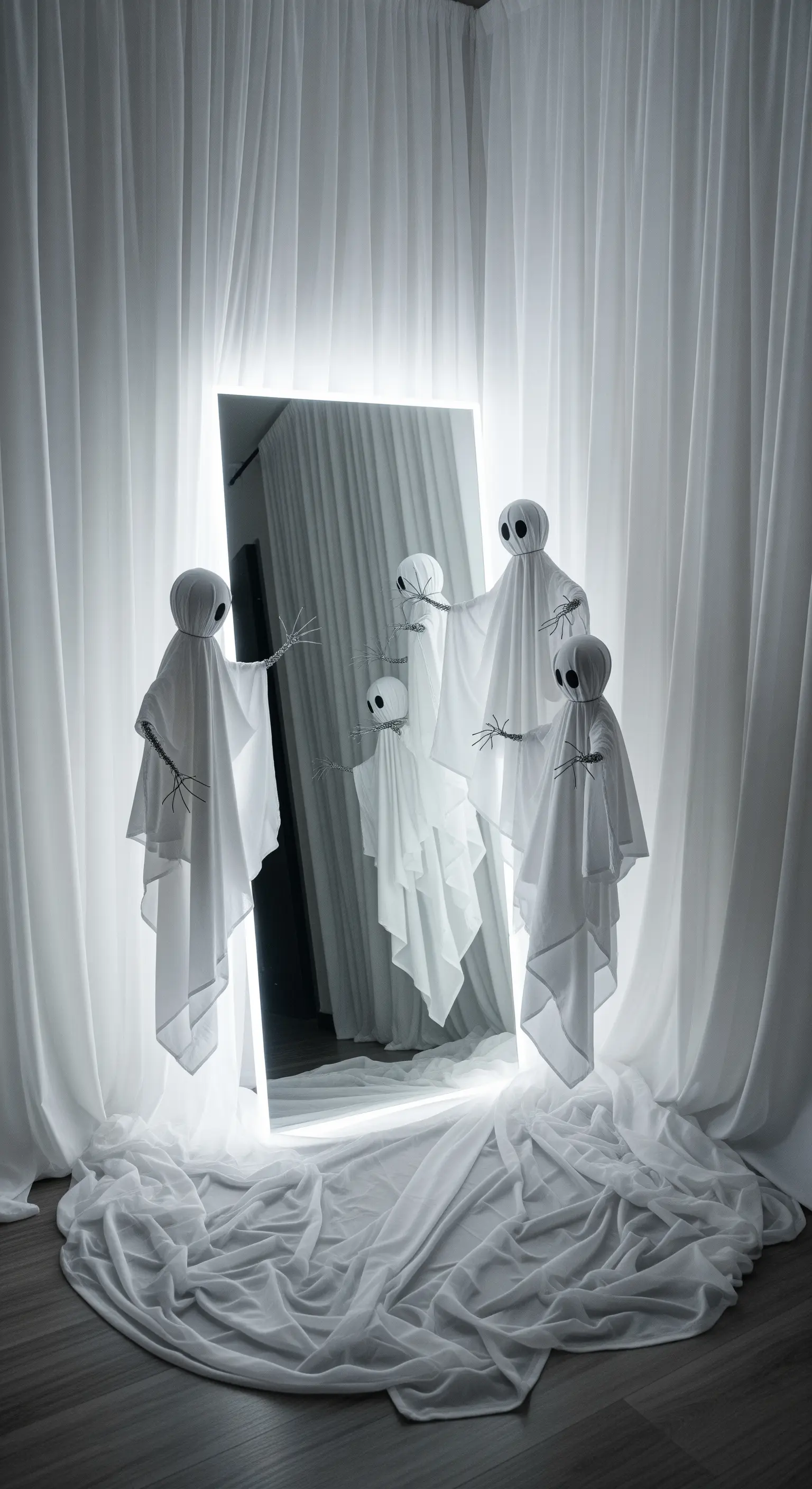 Standspiegel mit Hintergrundbeleuchtung, weißen Vorhängen und schwebenden Stoffgeistern