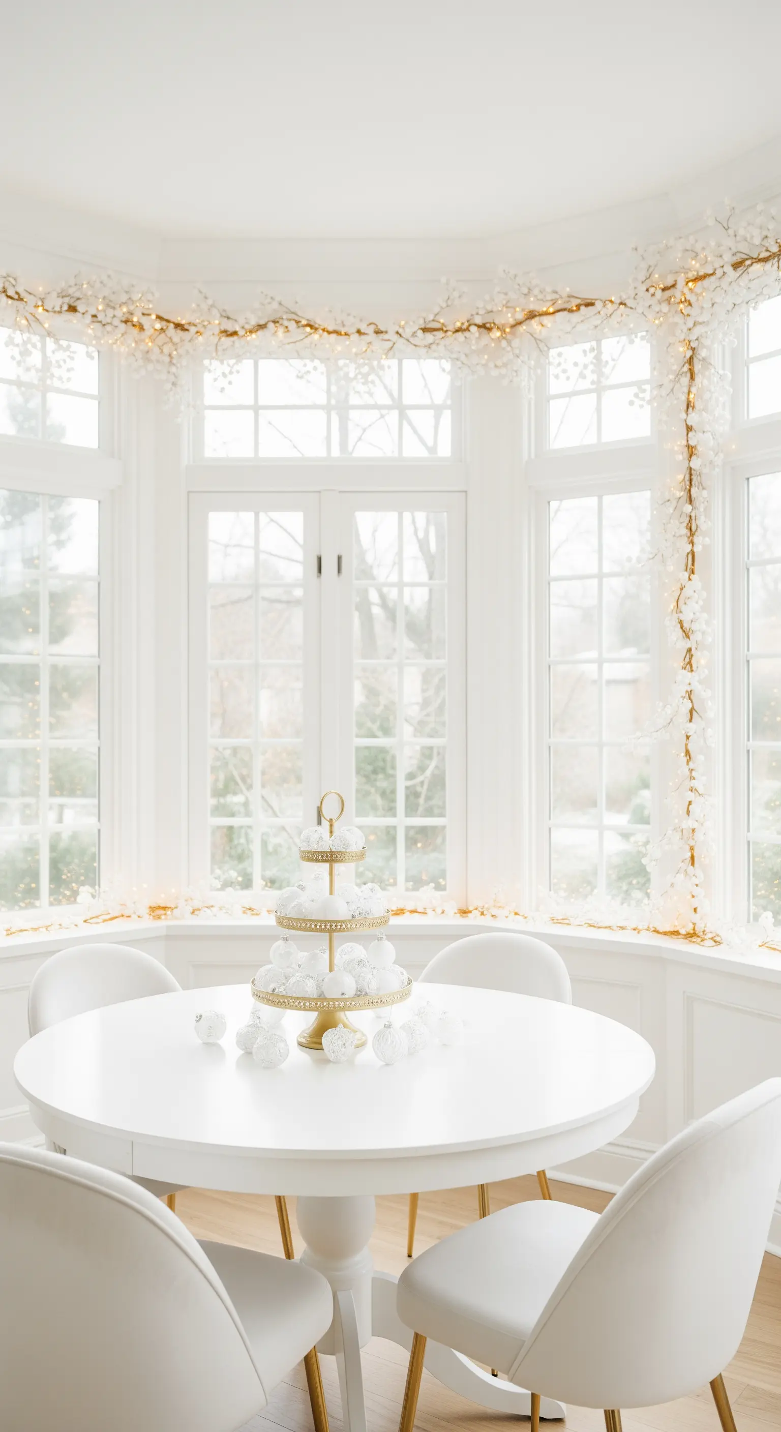 Heller Essbereich mit weißem Rundtisch, goldener Etagere und Lichterketten an den Fenstern