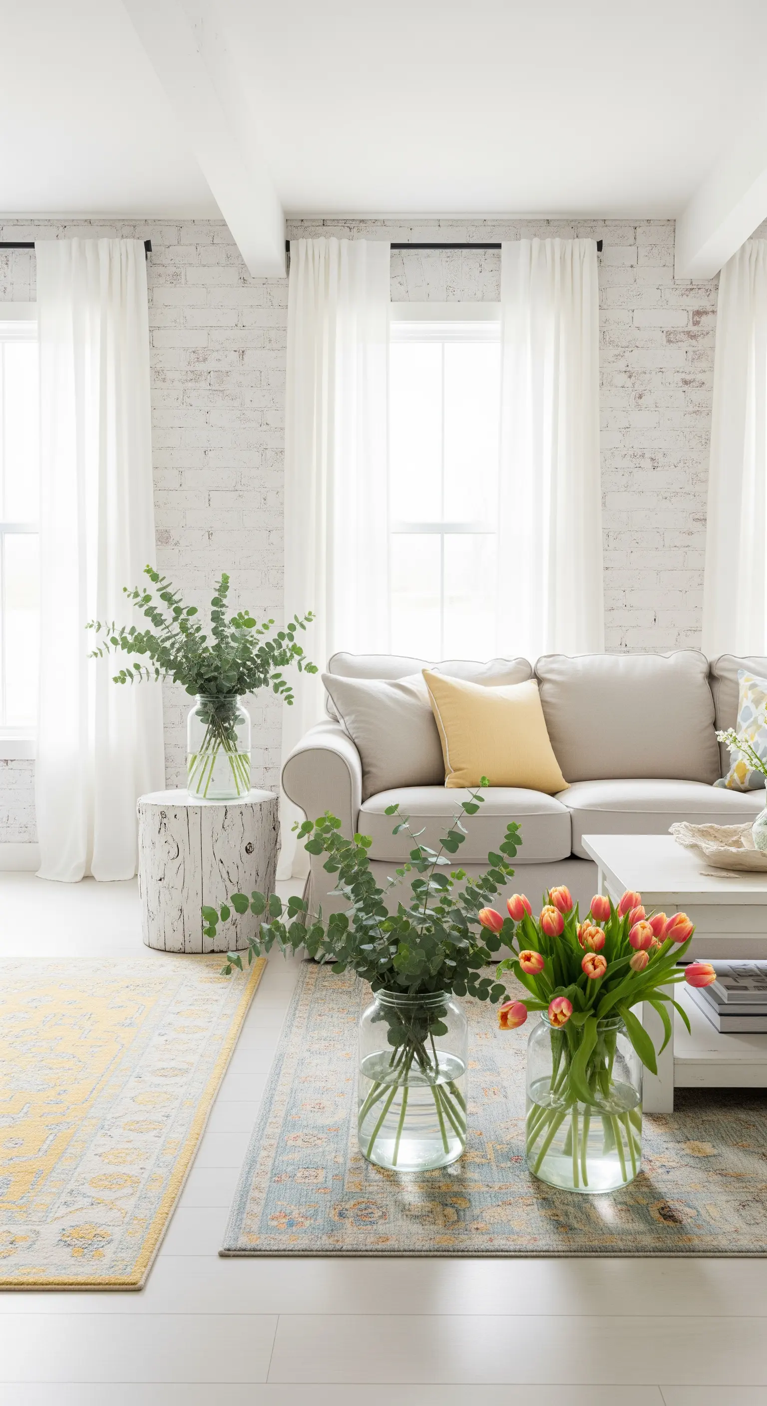 Eukalyptus in Glasvasen, Tulpen, heller Wohnzimmerteppich