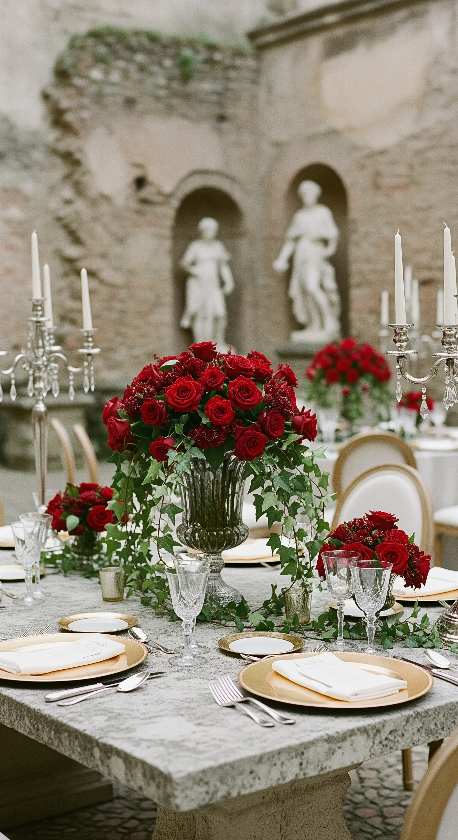 Dramatische Tischdeko mit roten Rosen und silbernen Kerzenleuchtern.
