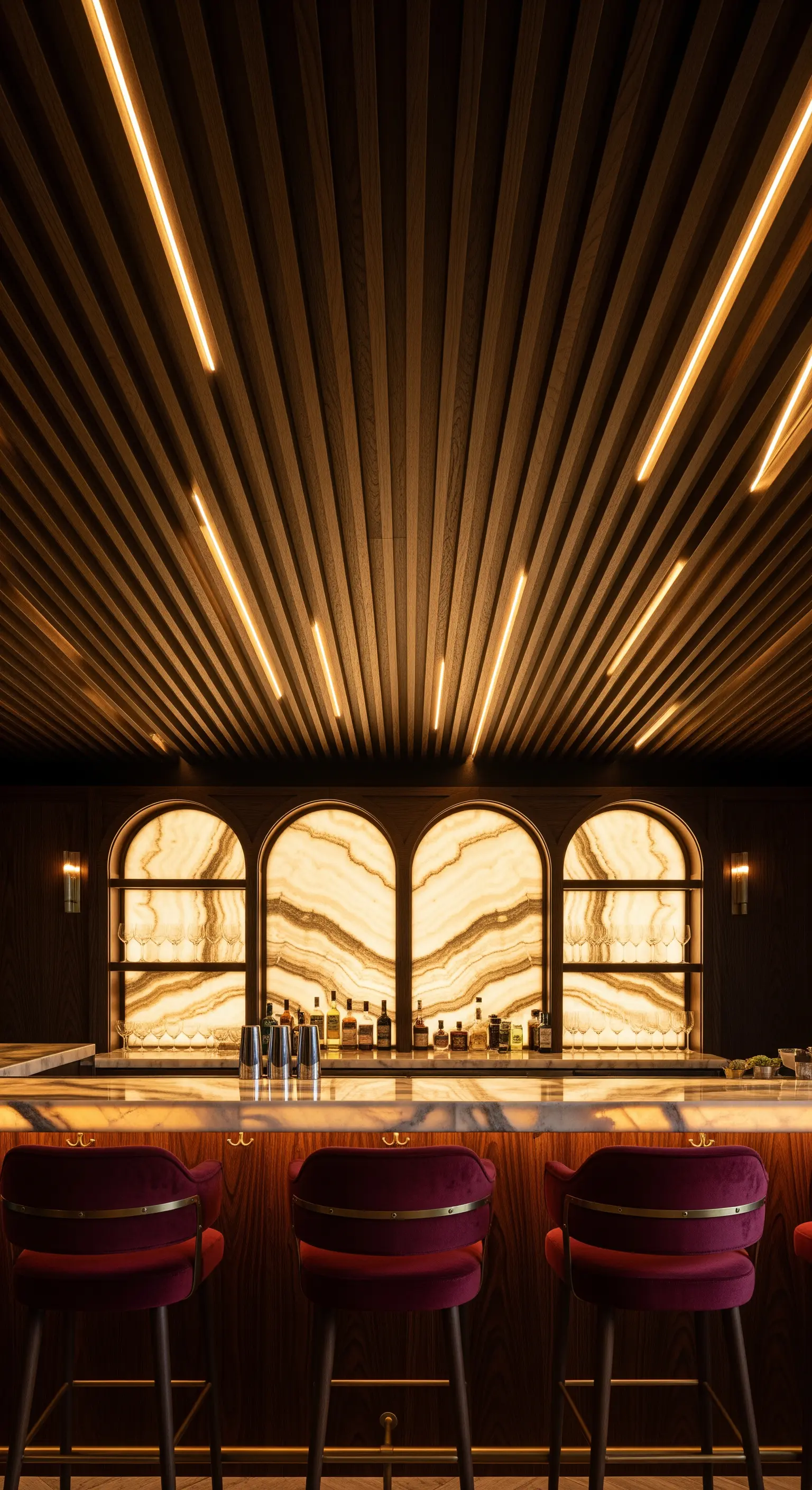 Hausbar mit Holzlamellendecke, linearer Beleuchtung und hinterleuchteter Onyx-Barwand