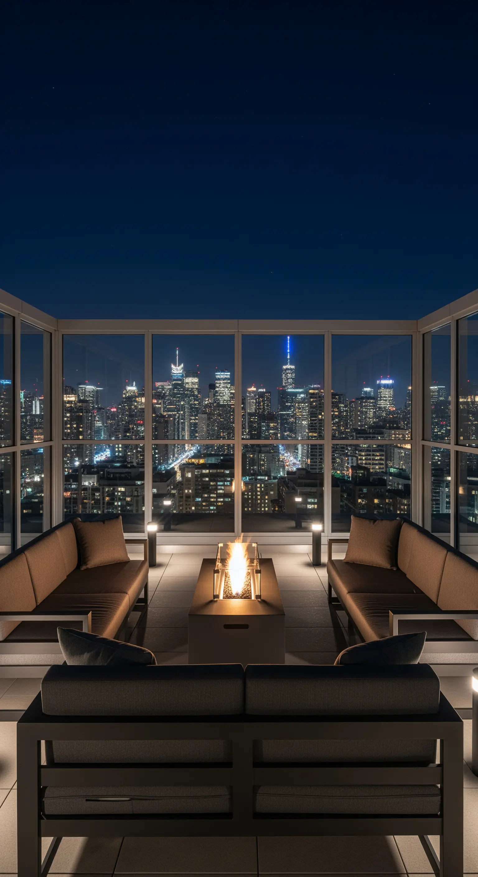 Dachterrasse mit Stadtblick, Lounge-Möbeln und integrierter Feuerstelle