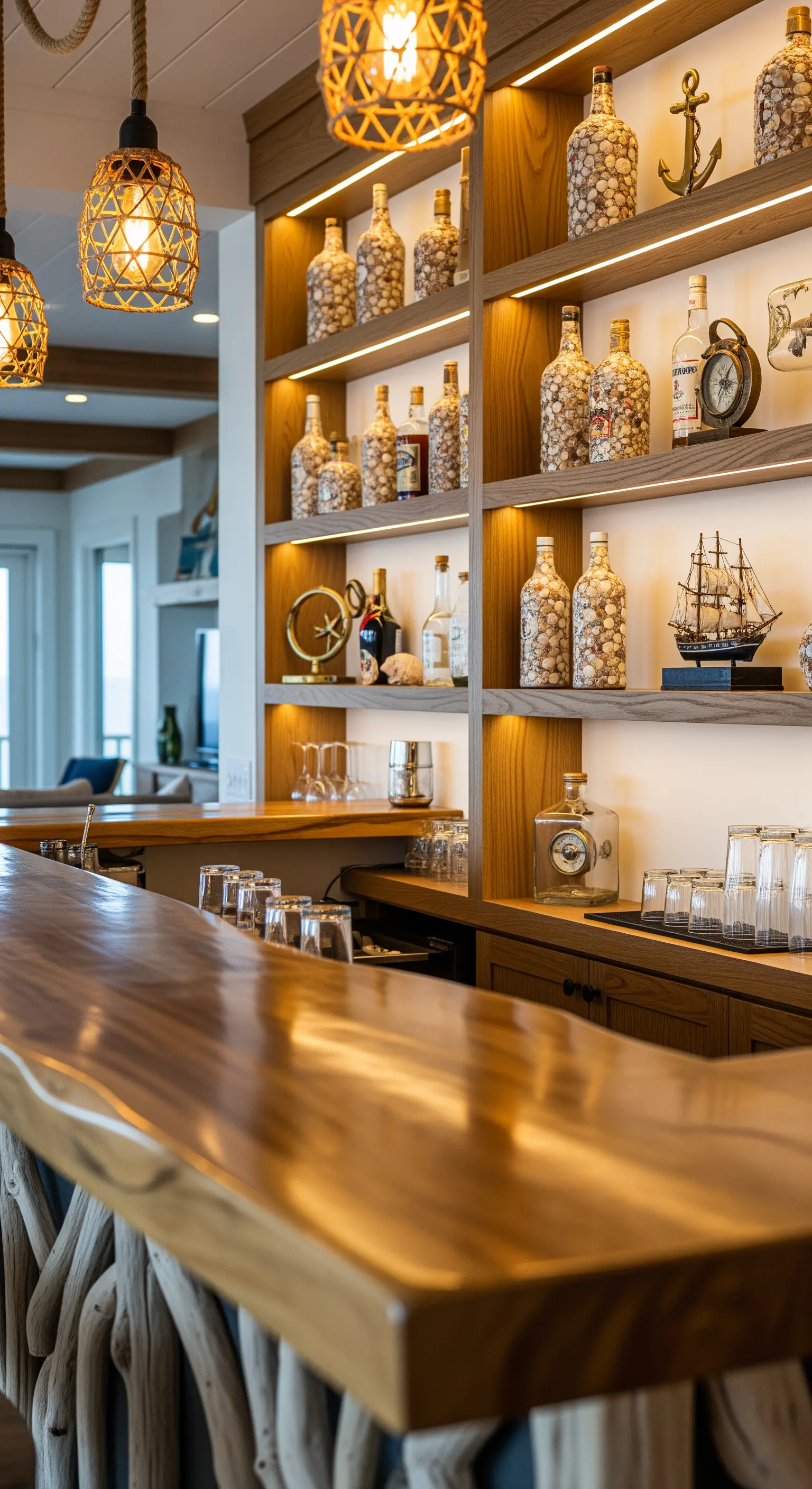 Hausbar mit Treibholz-Theke, beleuchteten Regalen und Muschel-Flaschen