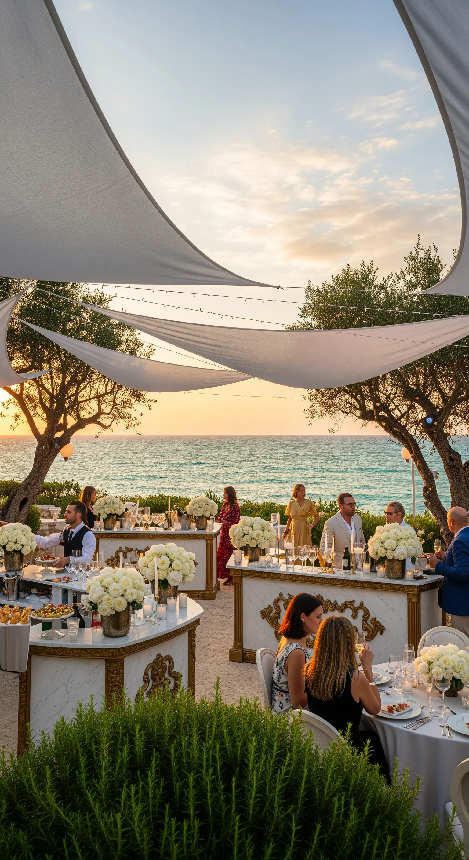Outdoor-Bar mit weißen Rosen, Marmor-Gold-Details und Meerblick bei Sonnenuntergang.