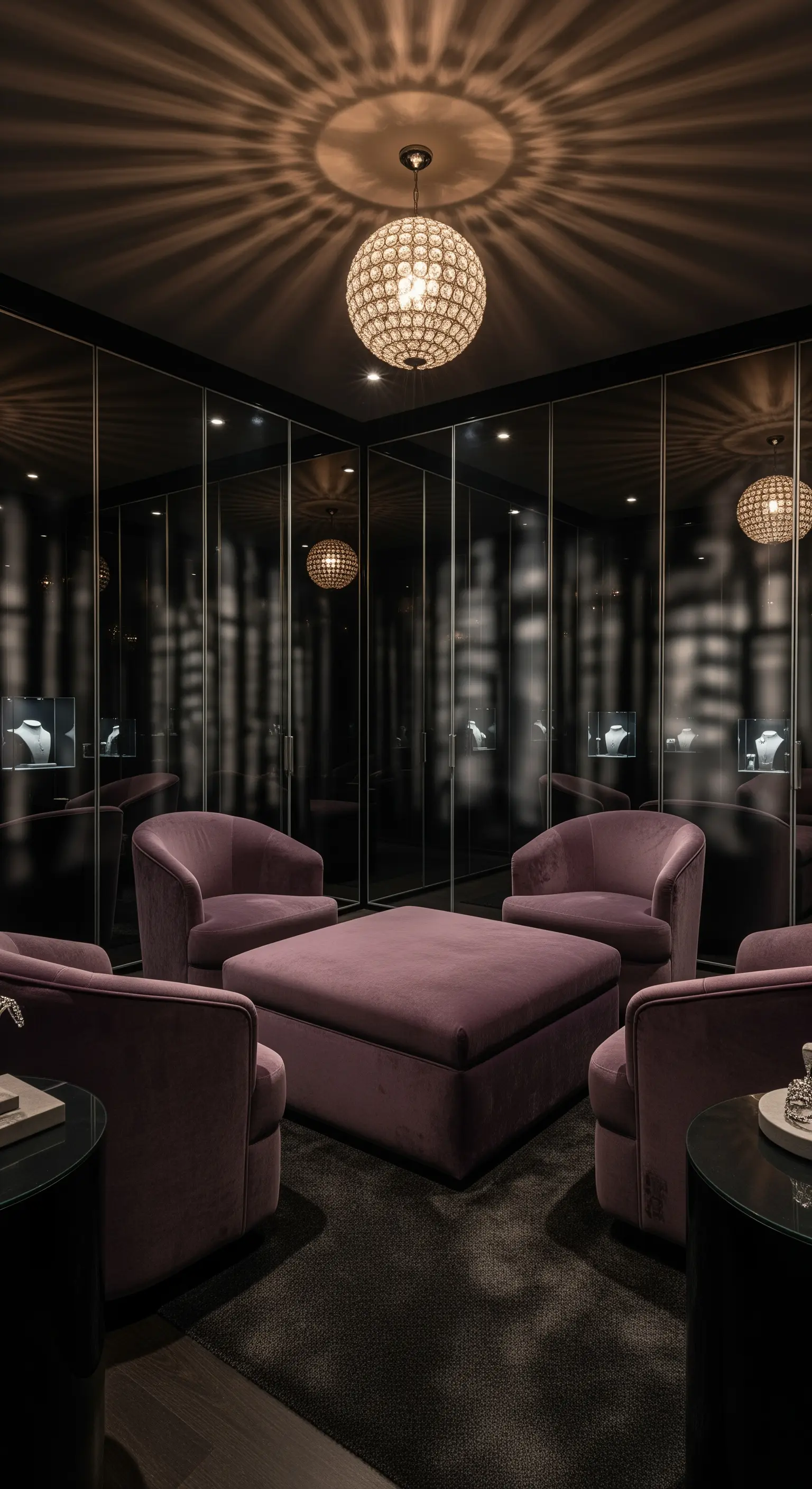 Ankleideraum mit Spiegelwänden, lilafarbenem Ottoman und Kristallleuchter