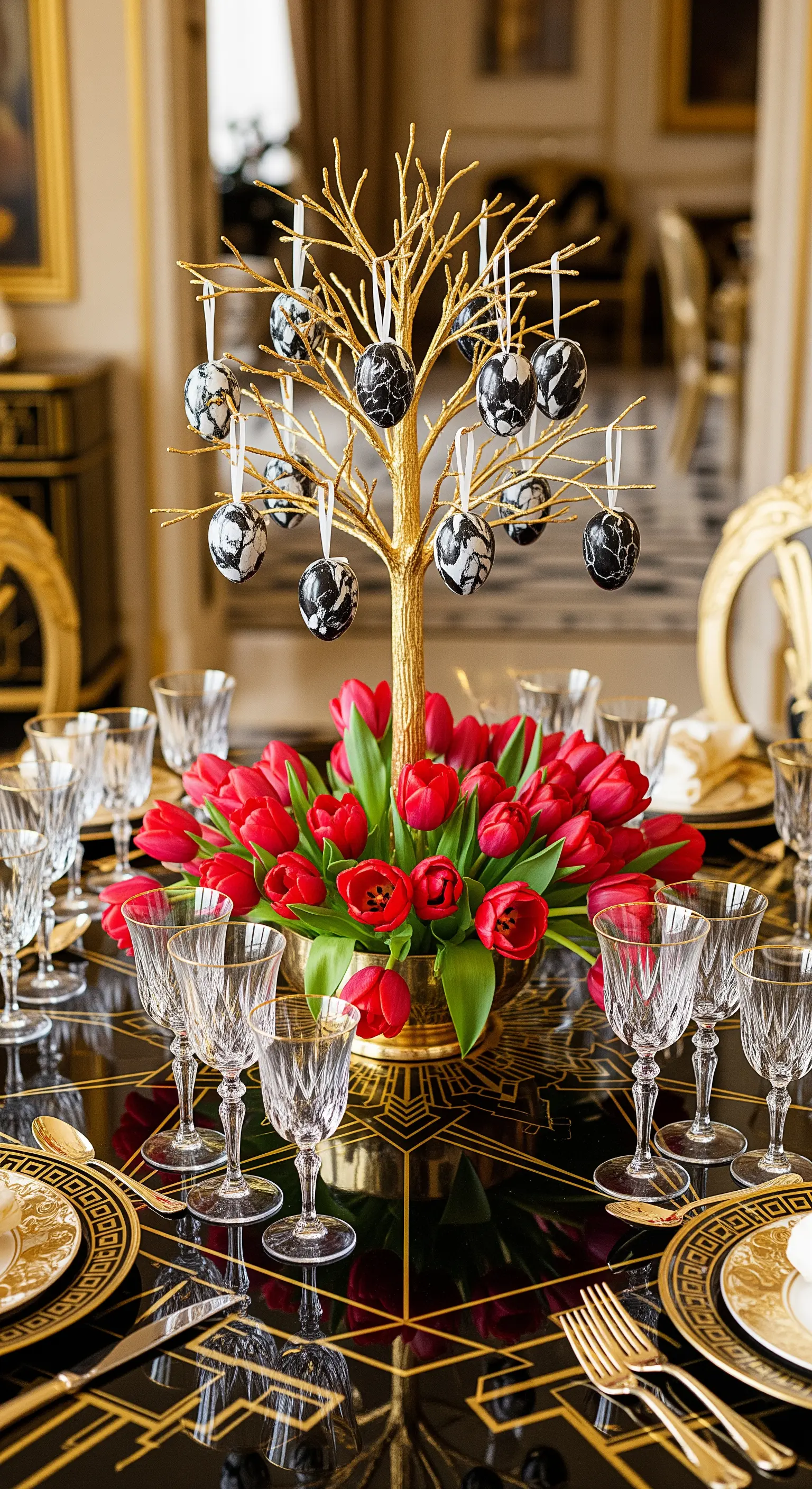 Exklusiver Osterglanz in Rot und Gold mit goldenem Osterbaum und Tulpen