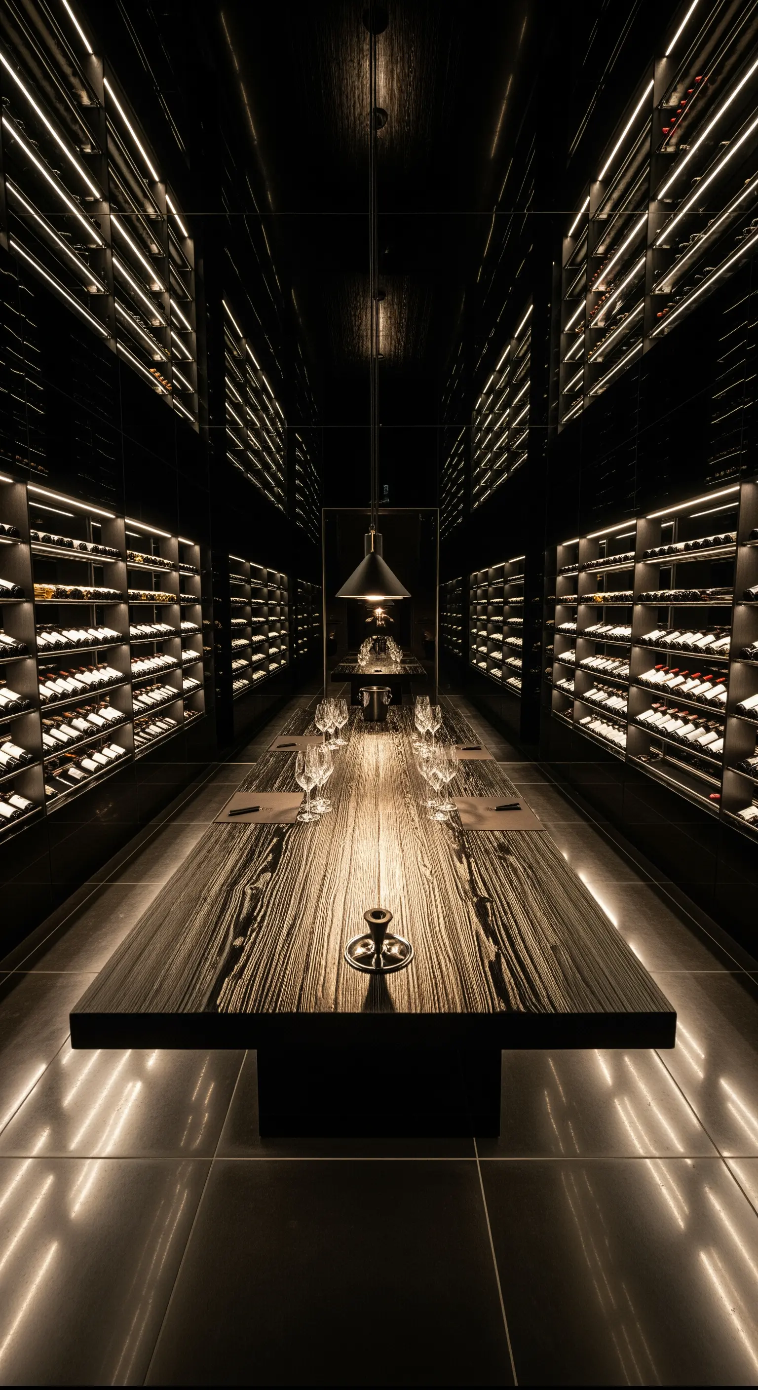 Weinkeller mit spiegelnden Wänden, beleuchteten Regalen und Holztisch