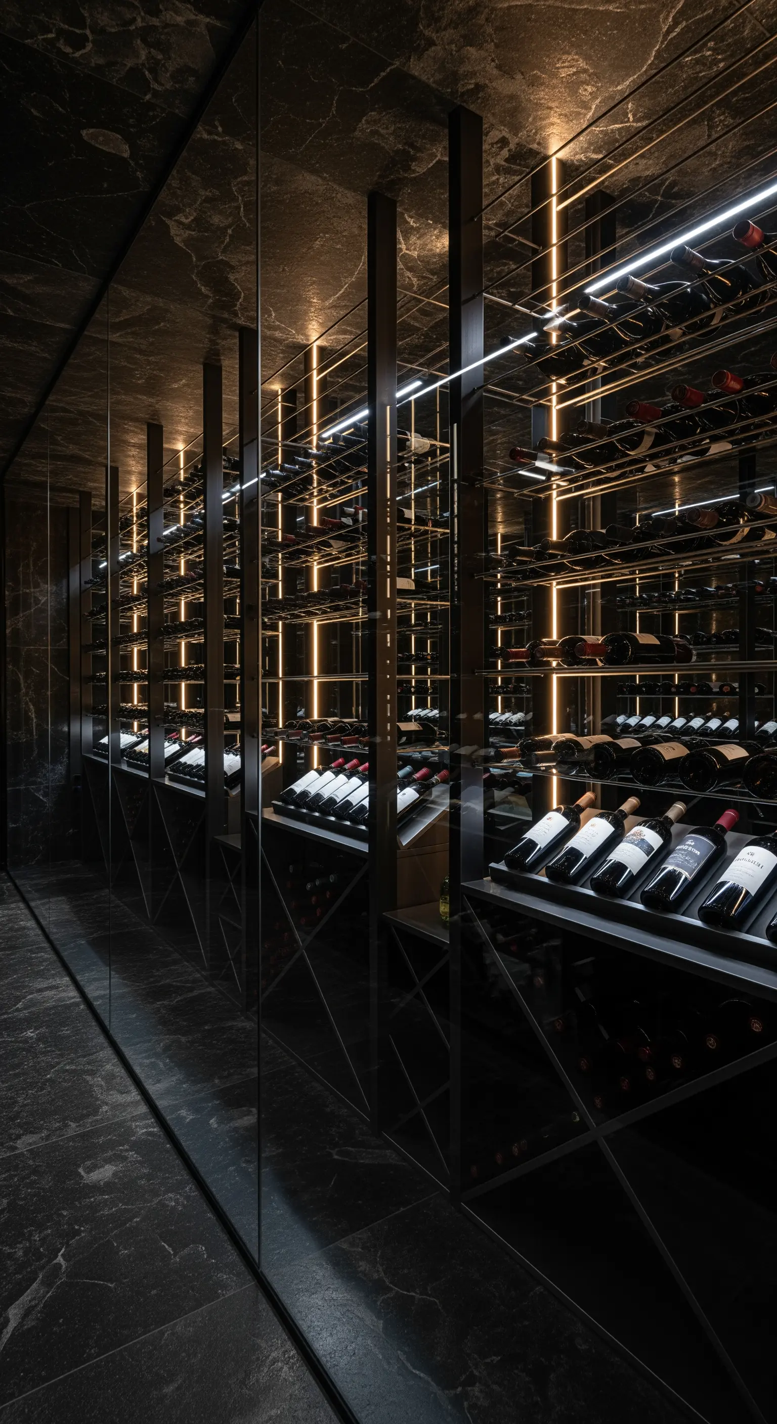 Weinkeller mit schwarzem Marmorboden, Metallregalen und goldener LED-Beleuchtung