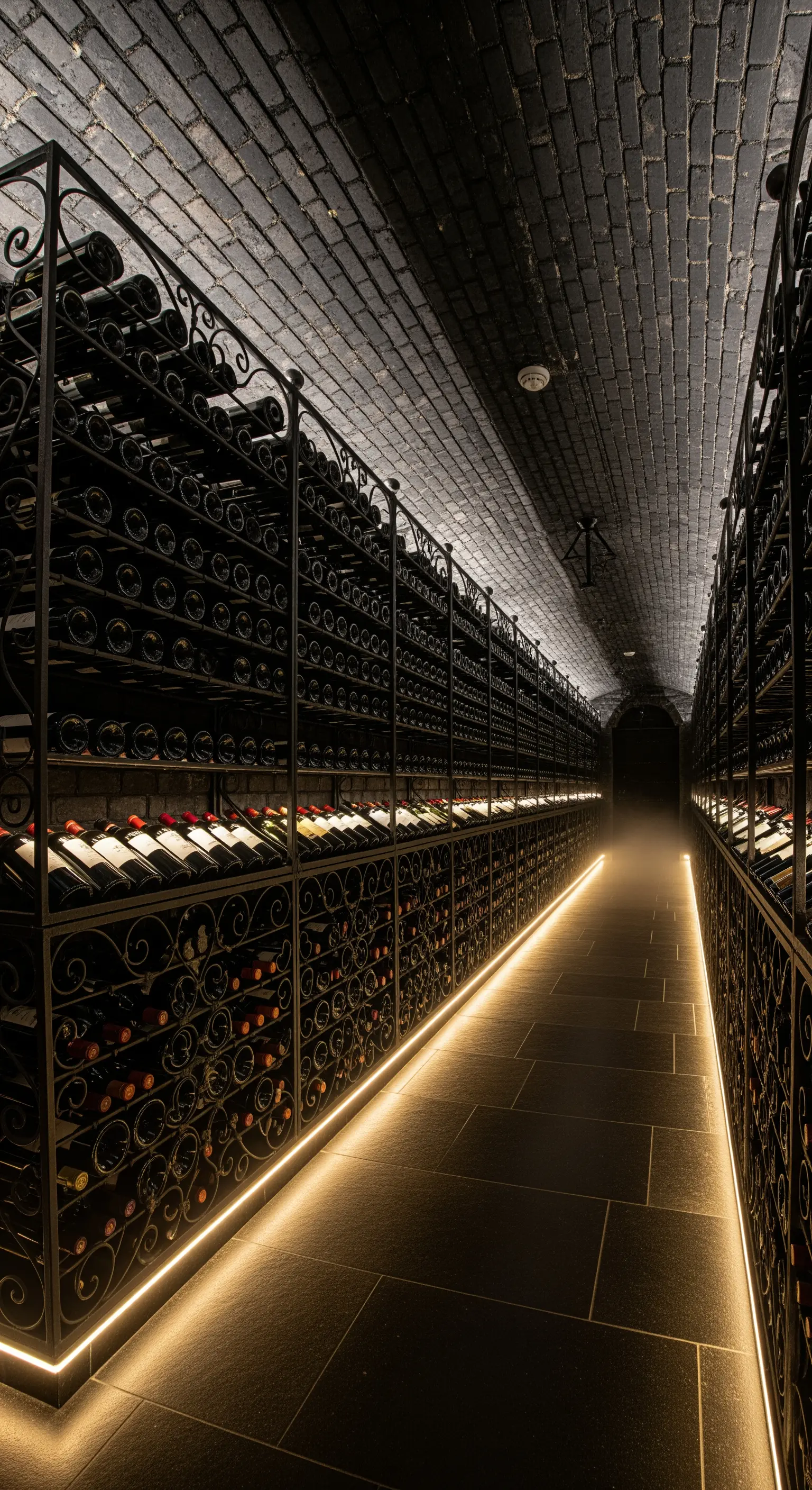 Weinkeller mit Ziegelwänden, schmiedeeisernen Regalen und Boden-LED-Beleuchtung