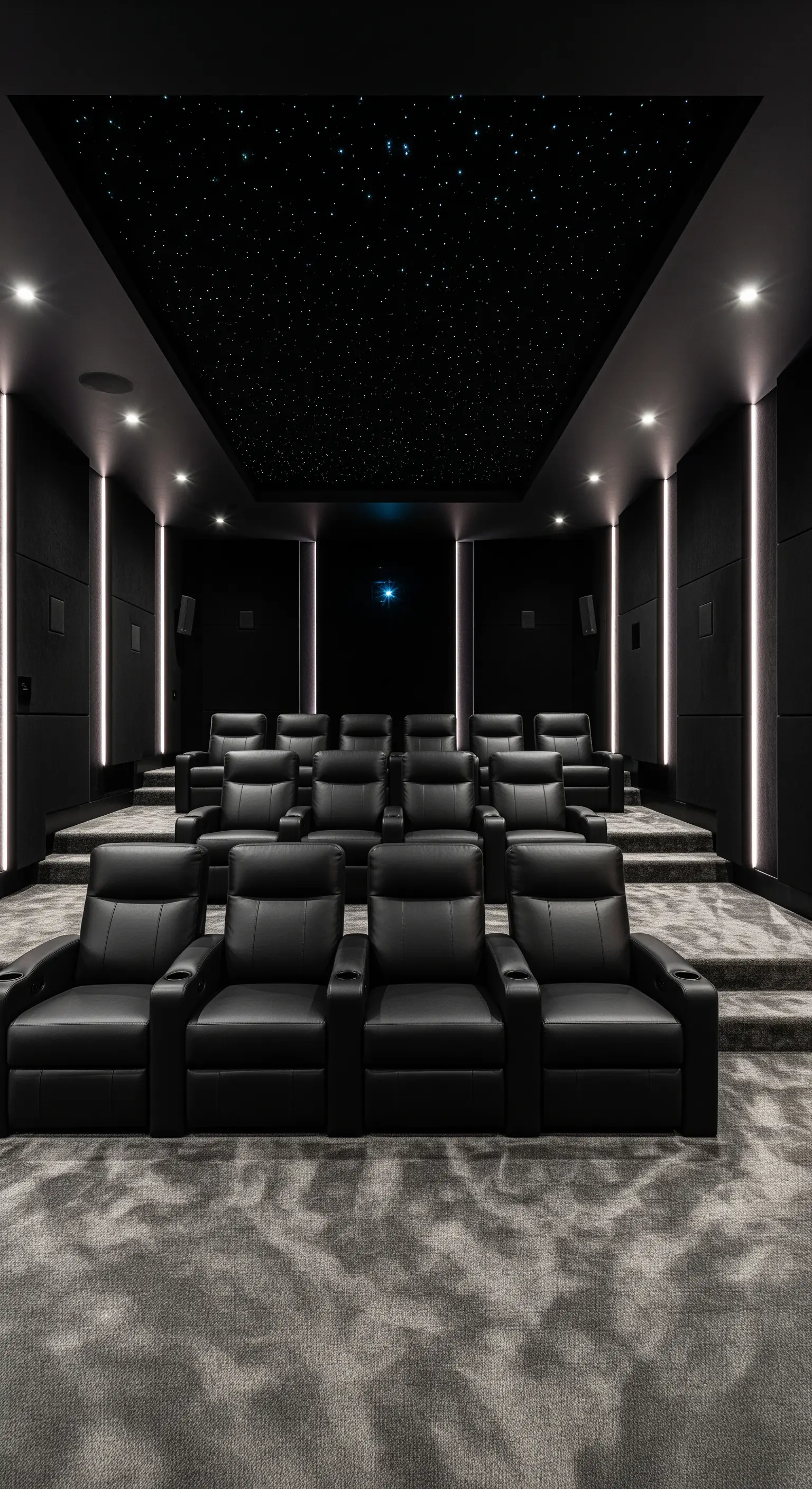 Heimkino mit schwarzen Ledersesseln, Sternenhimmel-Decke und indirekter Beleuchtung