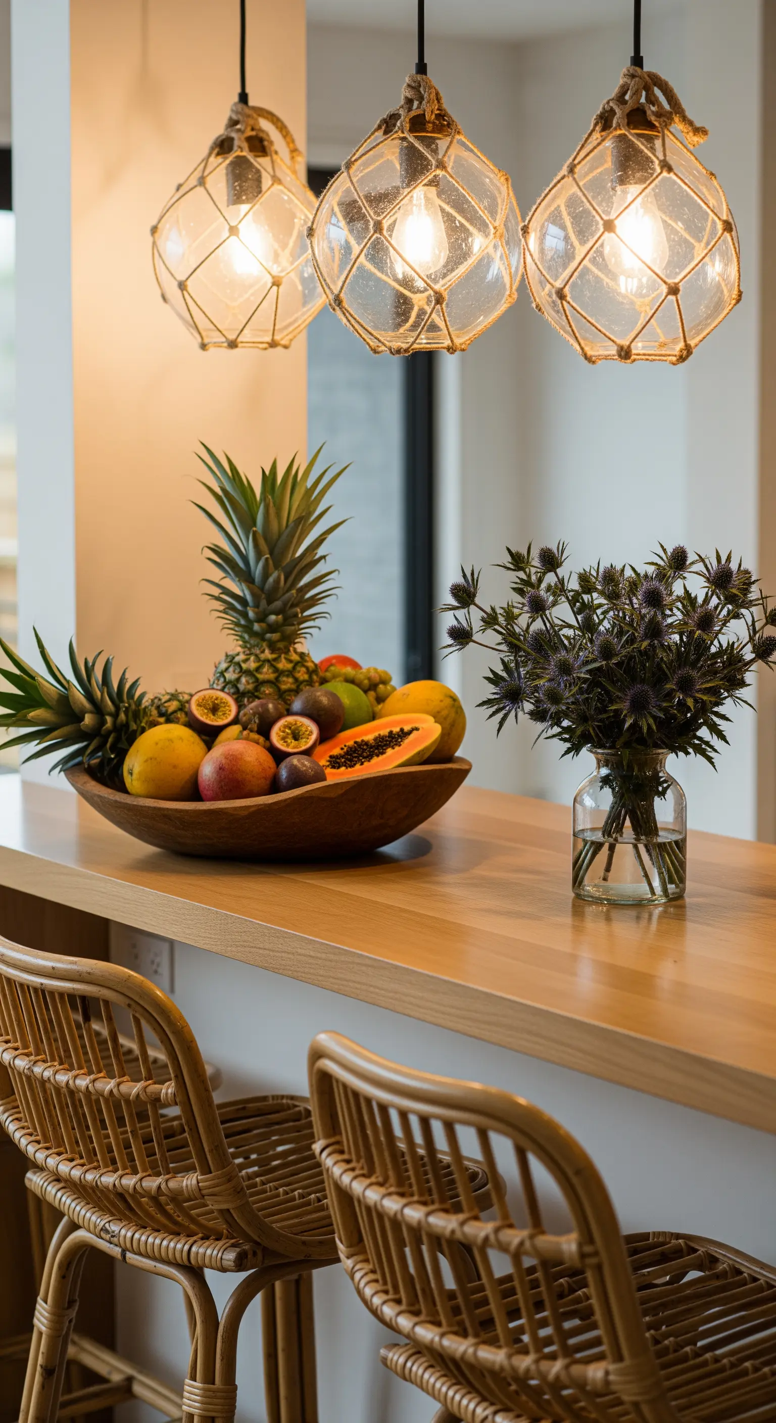 Kücheninsel mit Seil-Pendelleuchten, Holzschale mit tropischen Früchten