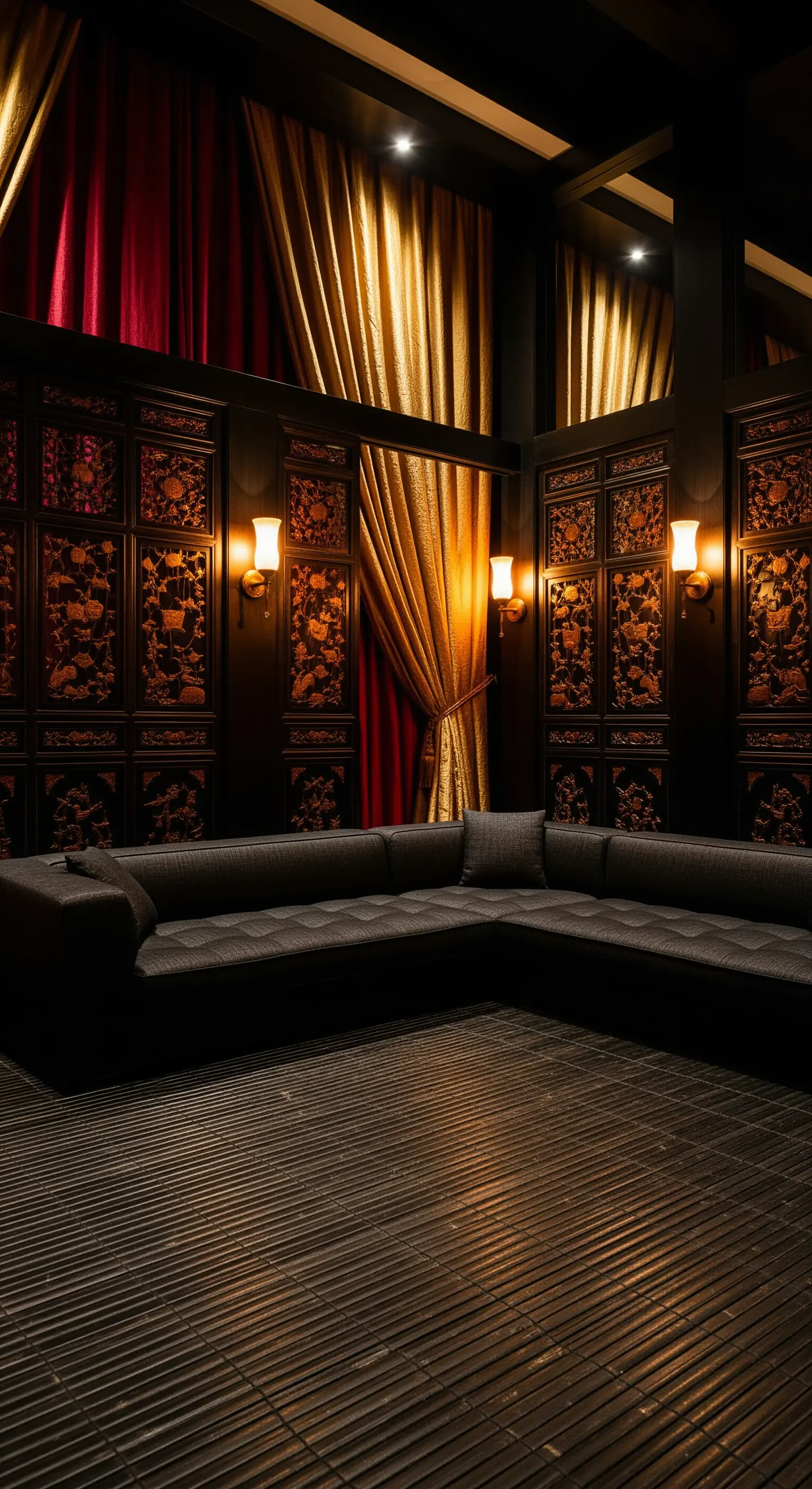 Exotische Holzschnitzwände mit roten und goldenen Samtvorhängen und dunklem Sofa