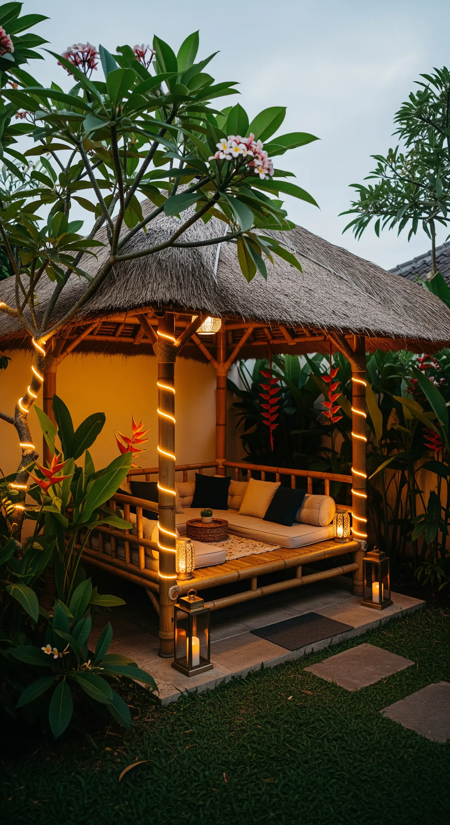 Ein gemütlicher Bambus-Pavillon bei Dämmerung, dessen Pfosten mit warmweißen Lichterketten umwickelt sind.