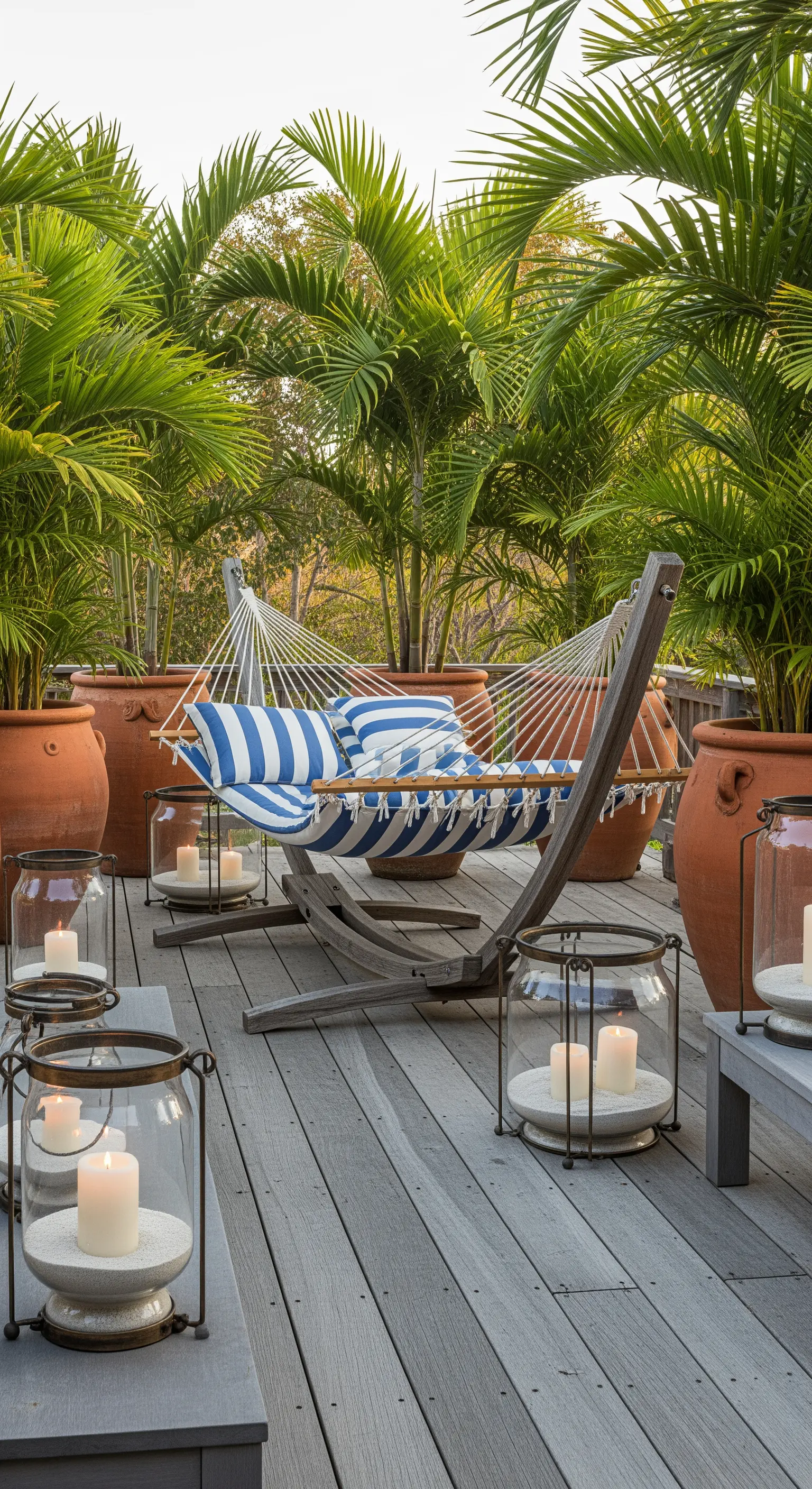 Terrasse mit Hängematte, Palmen in Terracotta-Töpfen, großen Laternen