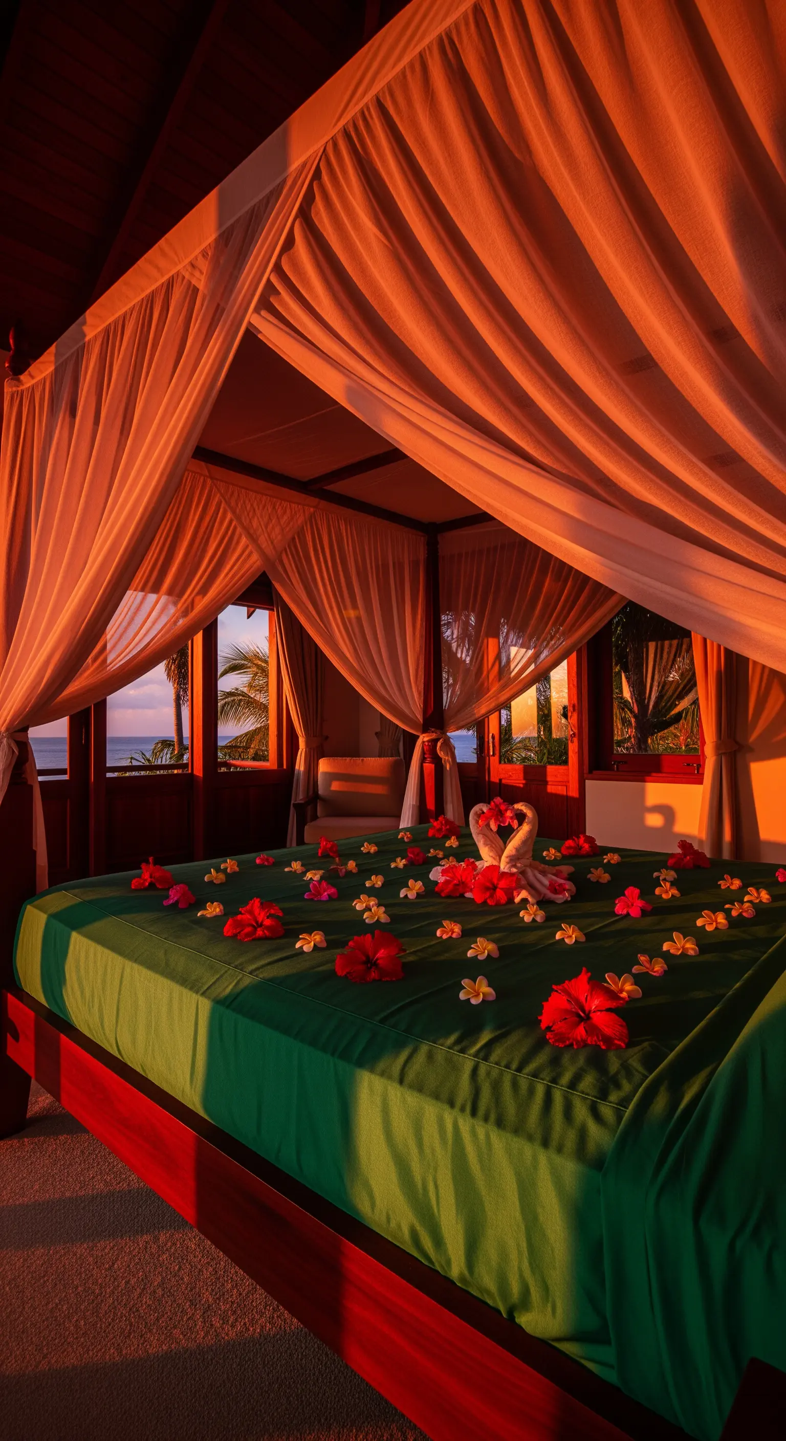 Tropisches Schlafzimmer mit Betthimmel, Blüten auf dem Bett und warmem Licht