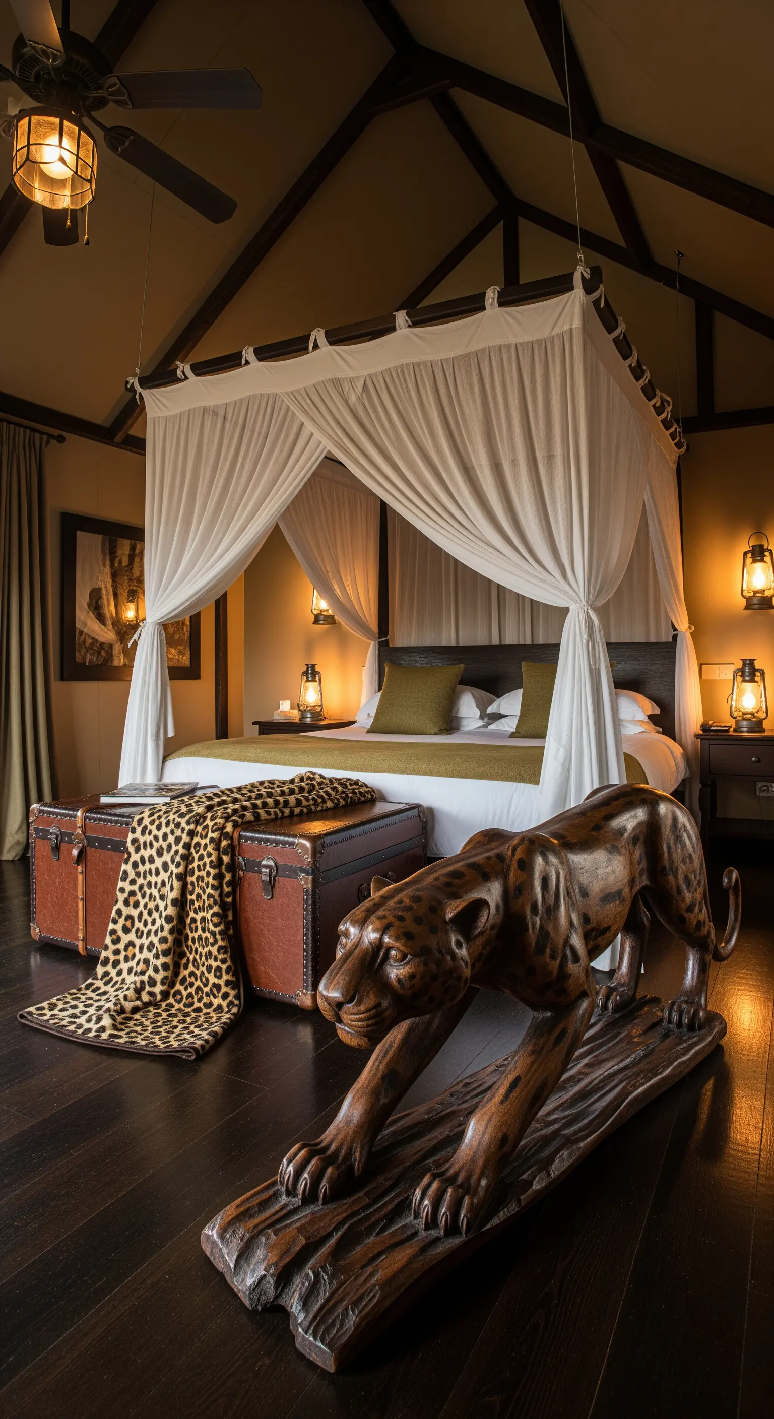 Große, geschnitzte Holzskulptur eines Leoparden in einem Schlafzimmer im Safari-Stil.