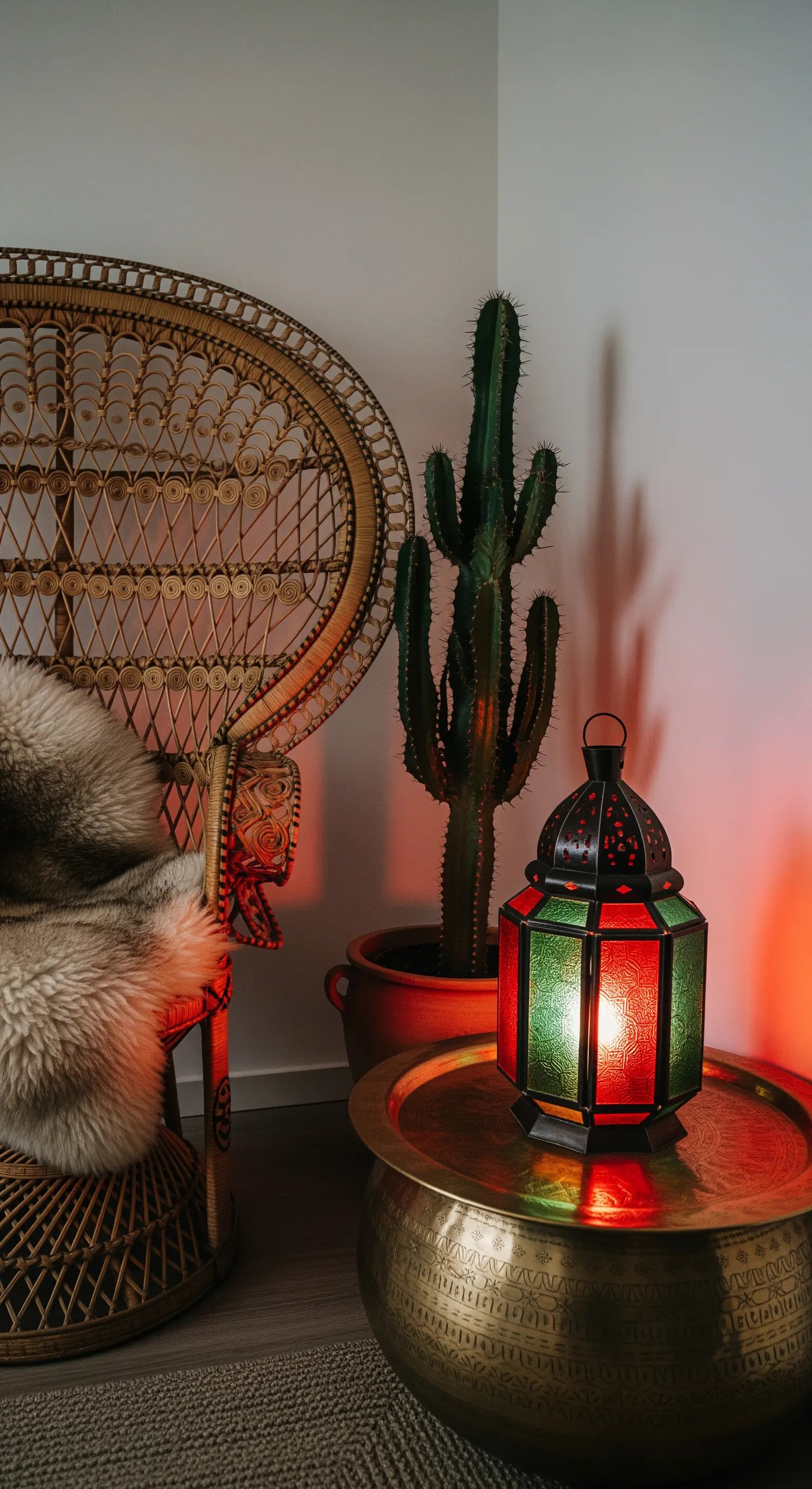 Großer Kaktus neben einem Pfauensessel und einer bunten Glaslaterne