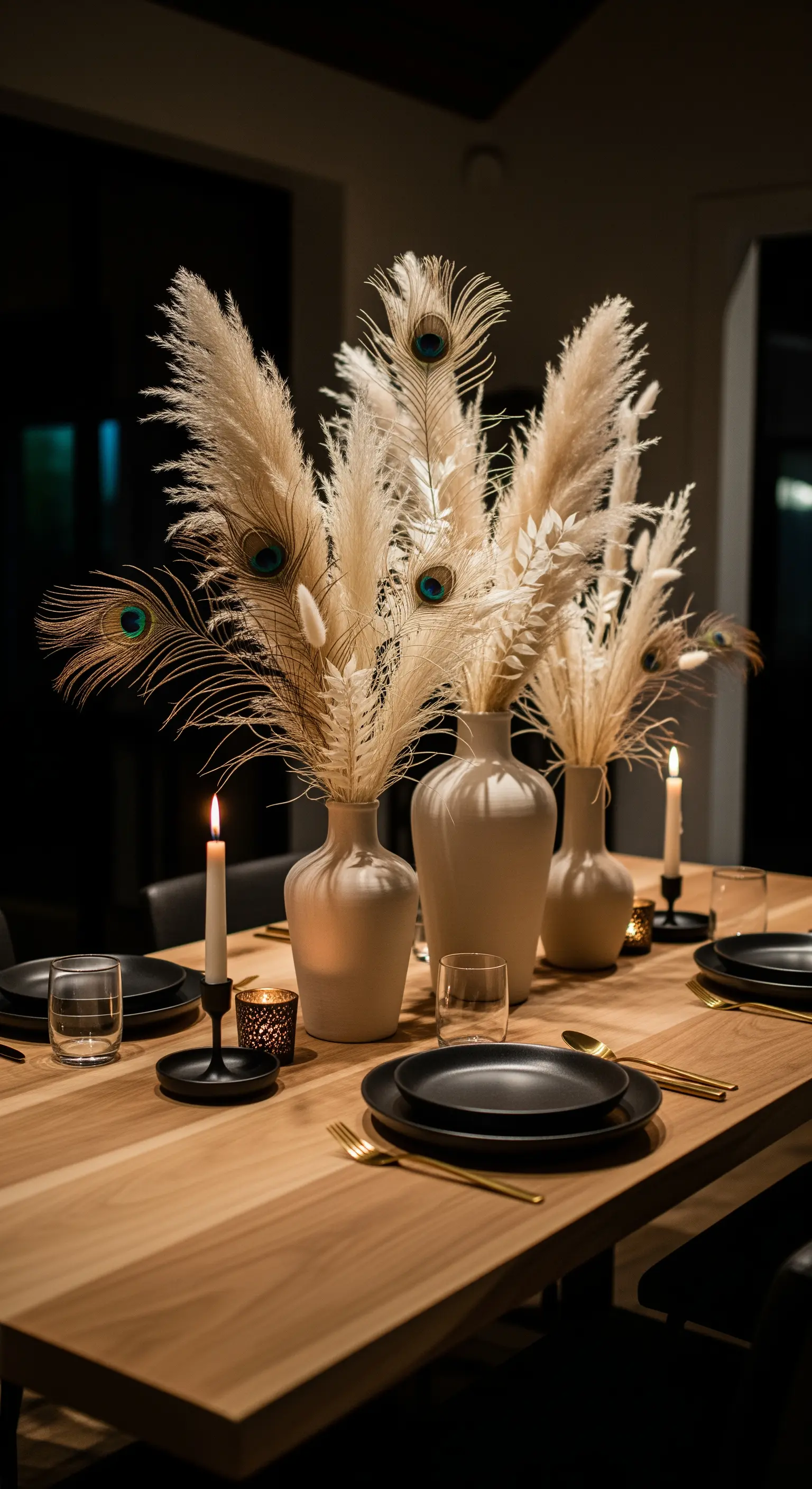 Pampasgras, Pfauenfedern, matte Vasen, dunkles Geschirr, goldene Akzente für boho-elegante Herbst-Tafel.