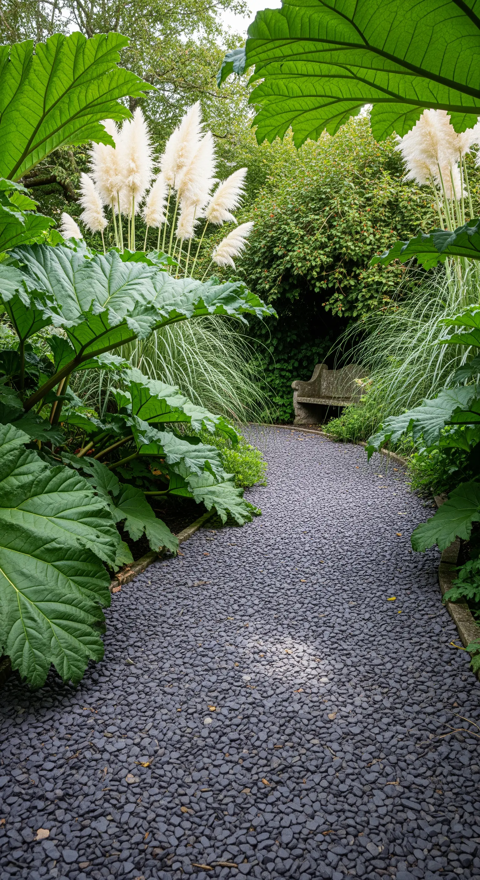 Dunkler Kiesweg umgeben von grossblättrigen Pflanzen und Pampasgras