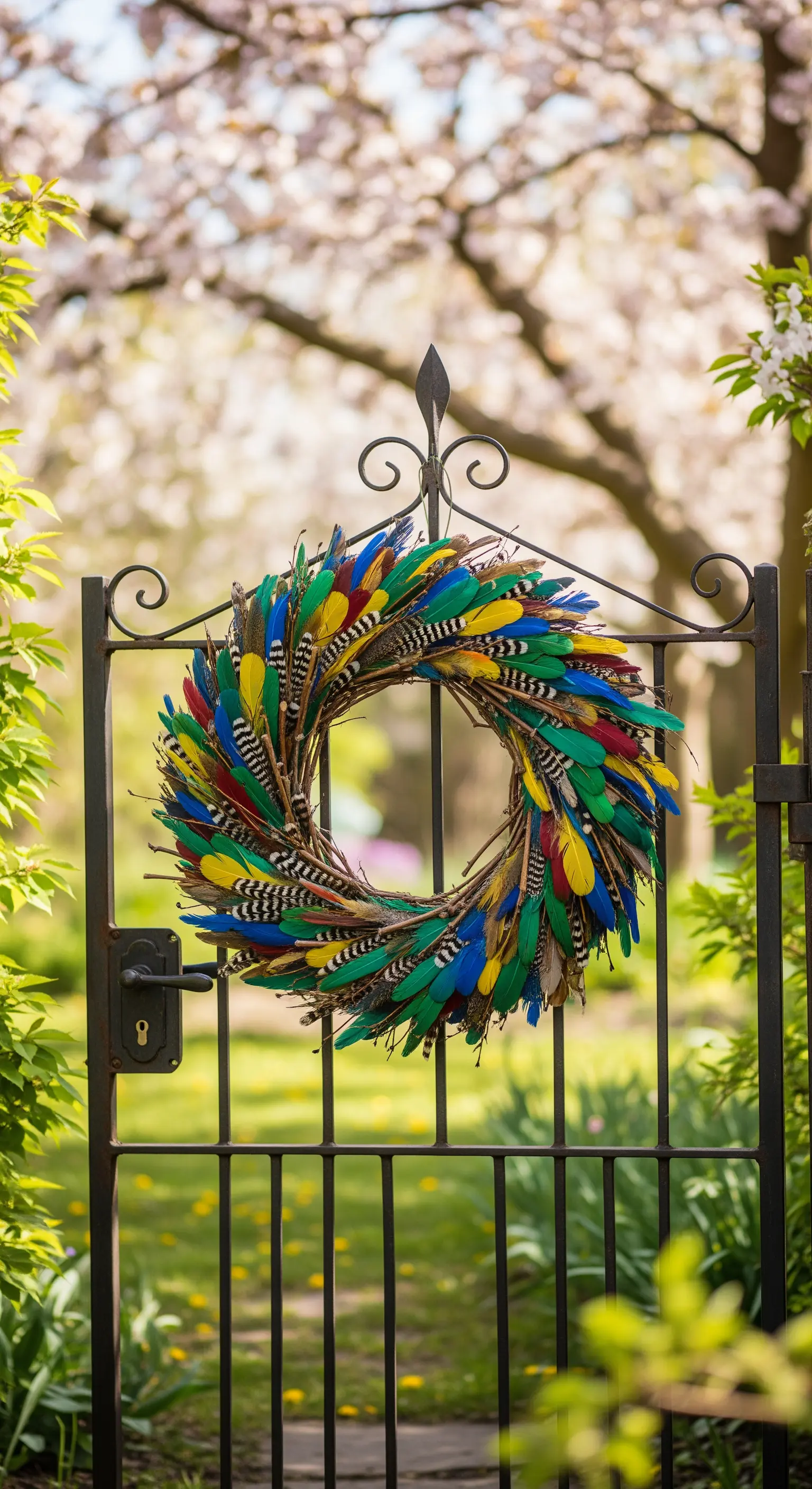 Bunter Federkranz an einem Gartentor