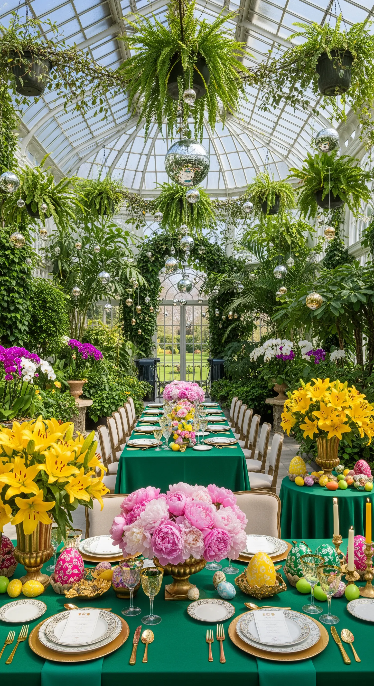 Exotischer Osterbrunch in einem Gewächshaus mit grünen Tischdecken, bunten Blumen und Disco-Kugeln.