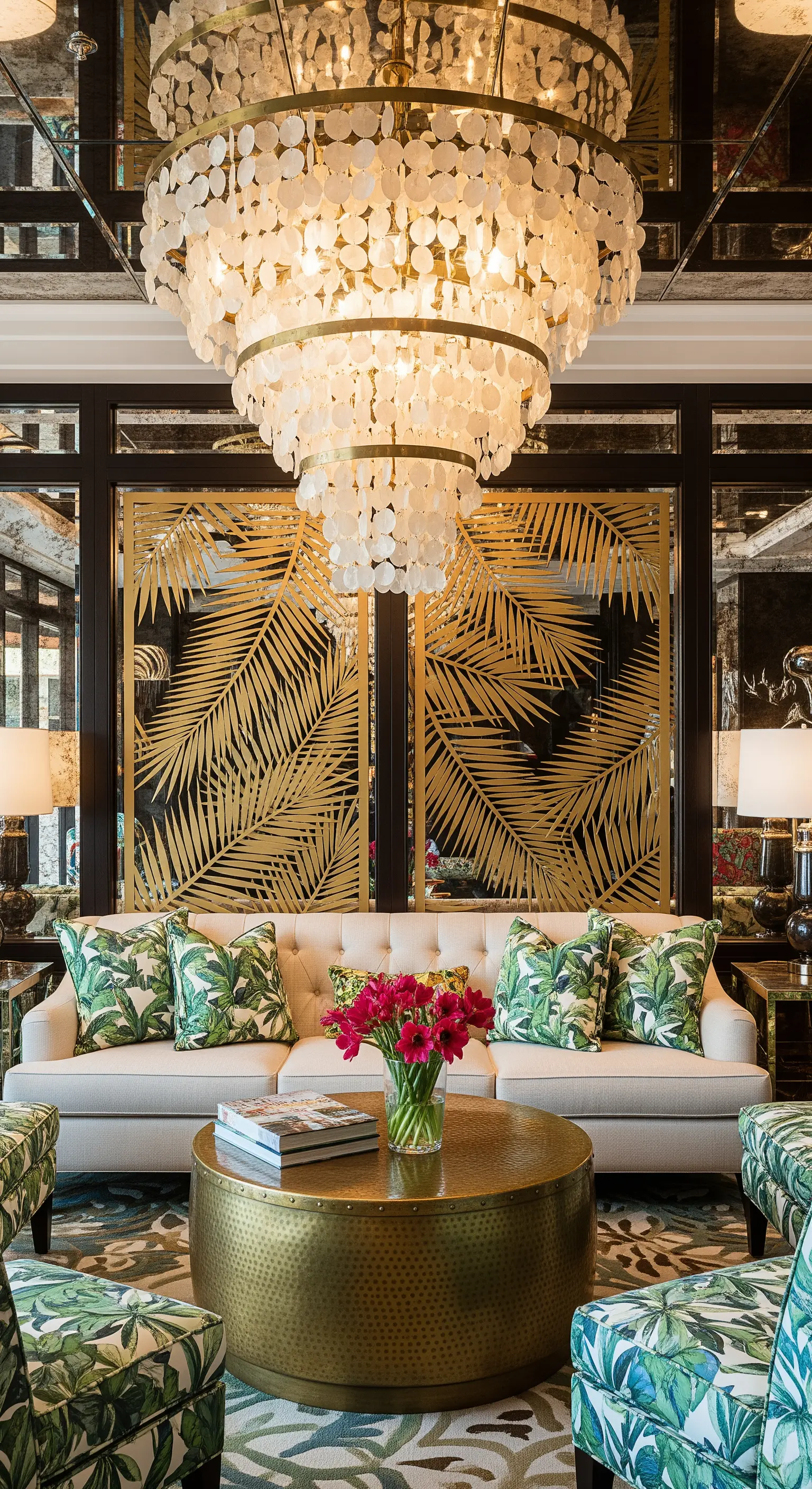 Tropisches Wohnzimmer mit goldenen Palmblatt-Spiegelschirmen und einem Muschel-Kronleuchter.