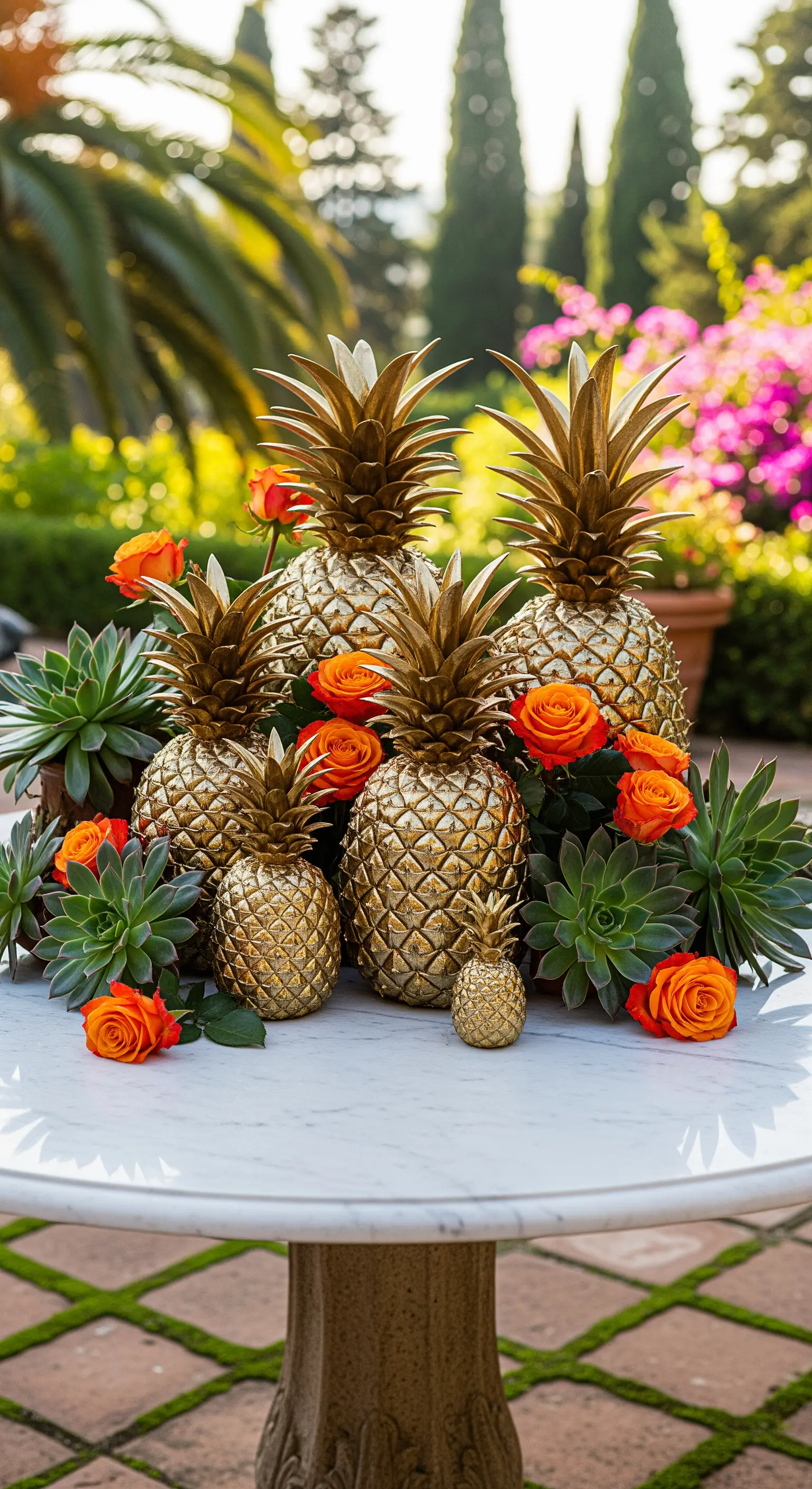 Marmortisch mit goldenen Ananas, Sukkulenten und orangefarbenen Rosen.