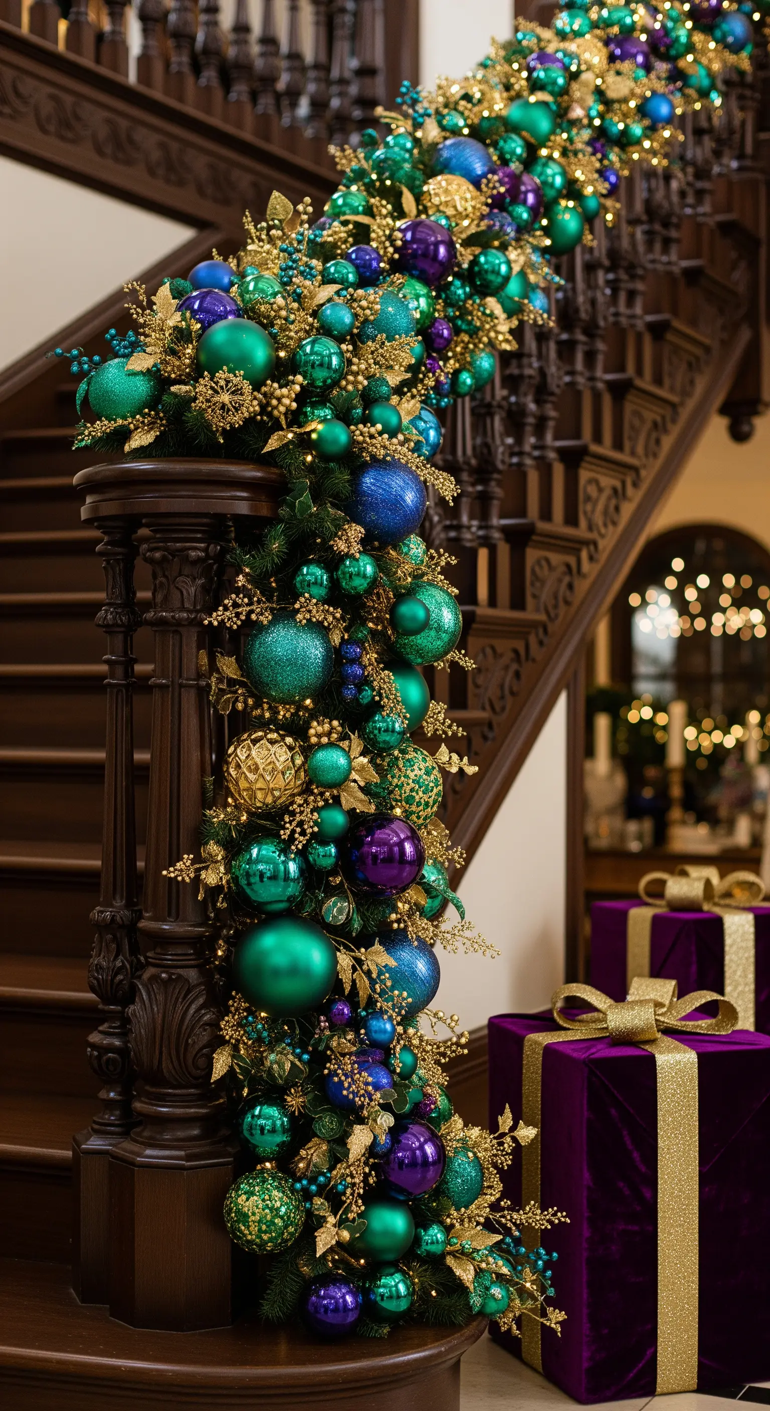 Üppige Tannengirlande mit Pfauenfarben (Türkis, Lila, Gold) auf dunkler Holztreppe.